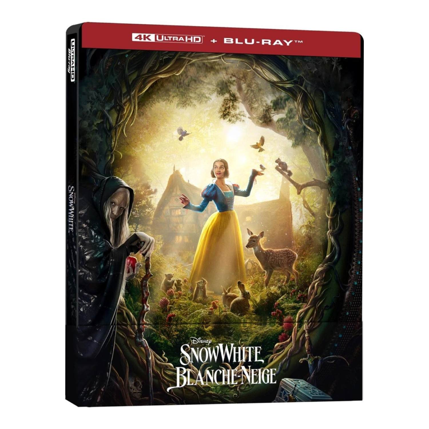 Snow White Blu-ray cover. She stands in a forest with animals and a cottage. An old woman and an apple are also present.
