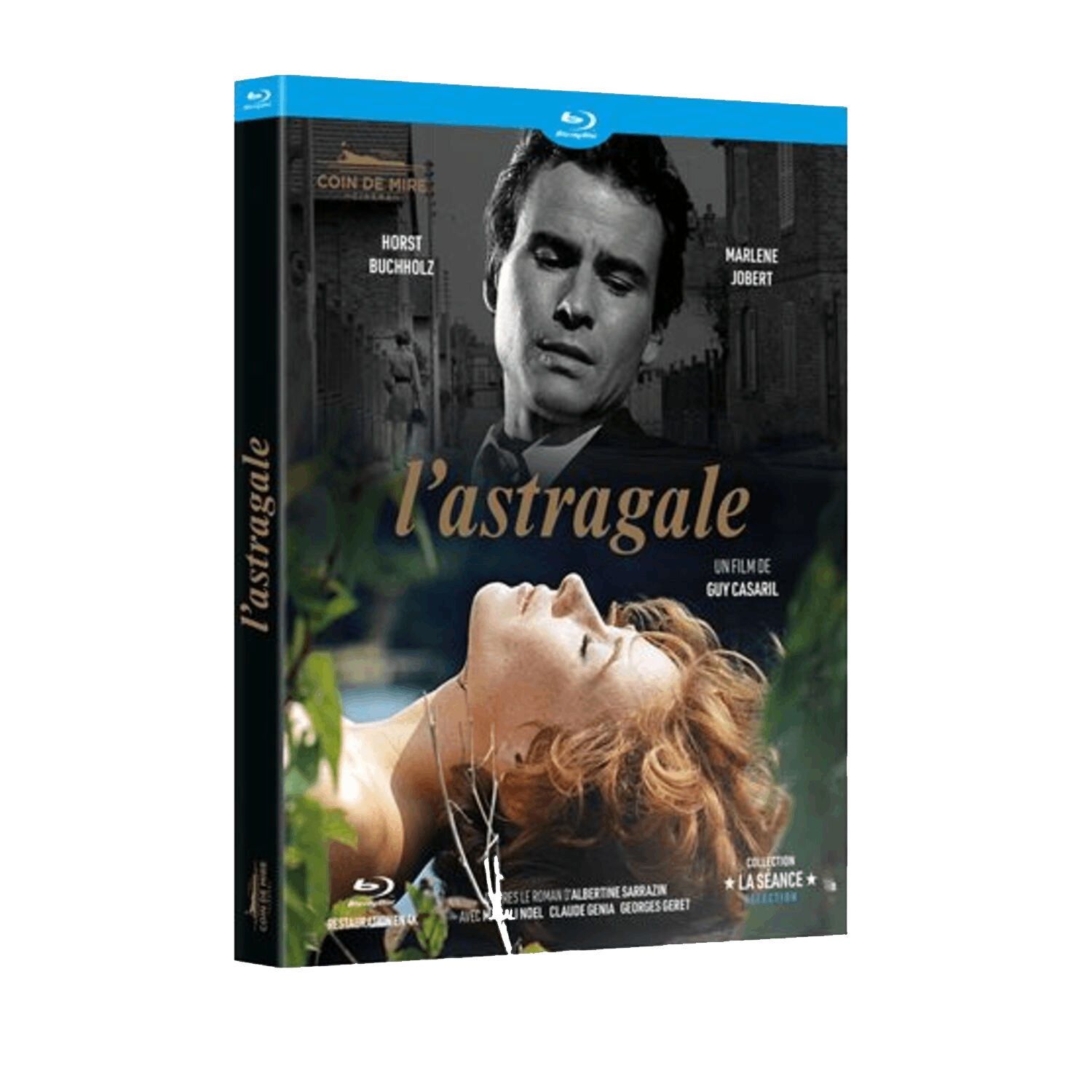 Couverture Blu-ray du film L'astragale. Elle présente deux acteurs et le titre. L'arrière-plan est une image en niveaux de gris d'un bâtiment.
