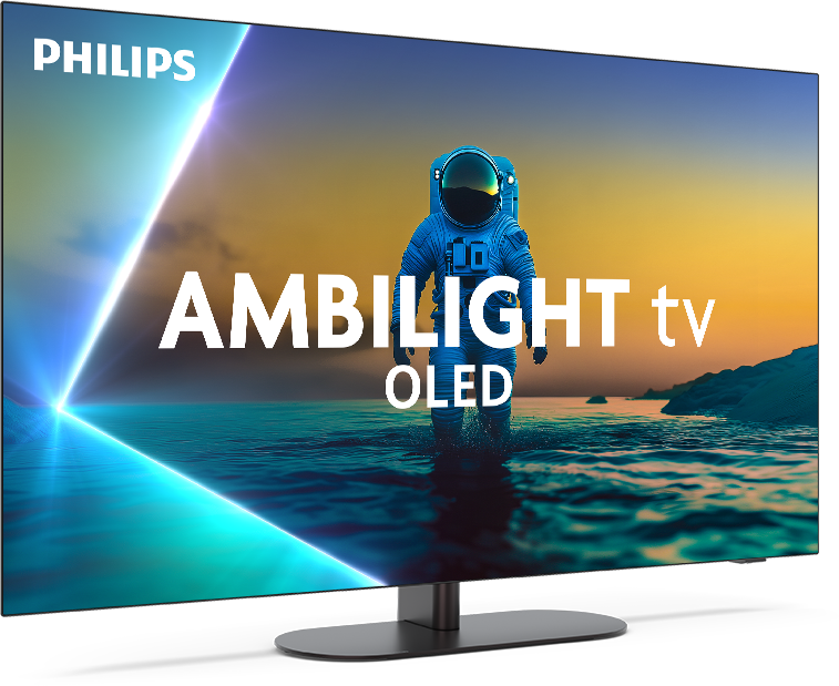 Egy Philips Ambilight OLED TV egy űrhajóst jelenít meg egy vízfelszínen, naplementés háttérrel. A TV letisztult, modern dizájnnal rendelkezik.