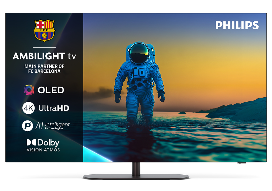 Egy Philips Ambilight TV, amelyen egy űrhajós sétál a vízben. Az ég narancssárga. A TV-n látható az FC Barcelona logója és OLED kijelző.