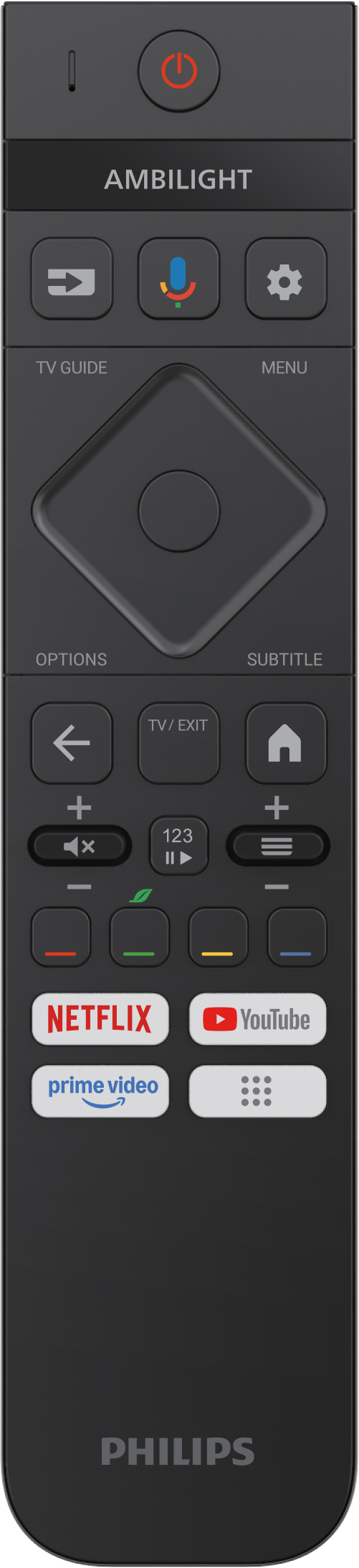 Fekete Philips távirányító. Bekapcsológomb, Ambilight, TV-műsor, Menü, Netflix, Prime Video, YouTube és egyéb gombok.