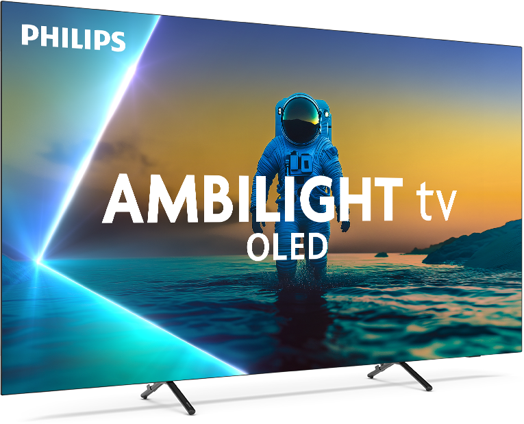 Philips Ambilight OLED TV. Űrhajós a vízen, naplementés háttérrel. Fehér szöveg a tévé képernyőjén.