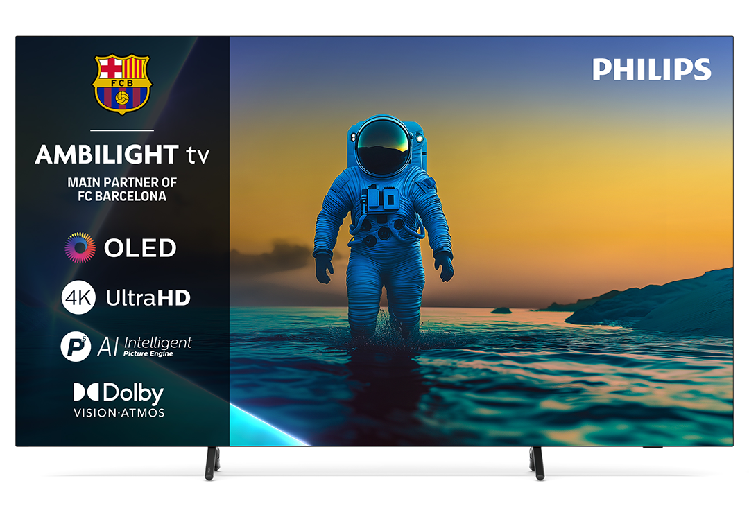 Egy kék űrhajós öltönyös űrhajós a vízben sétál a néző felé. A háttér egy naplementés jelenet. Egy Philips TV jeleníti meg a képet.