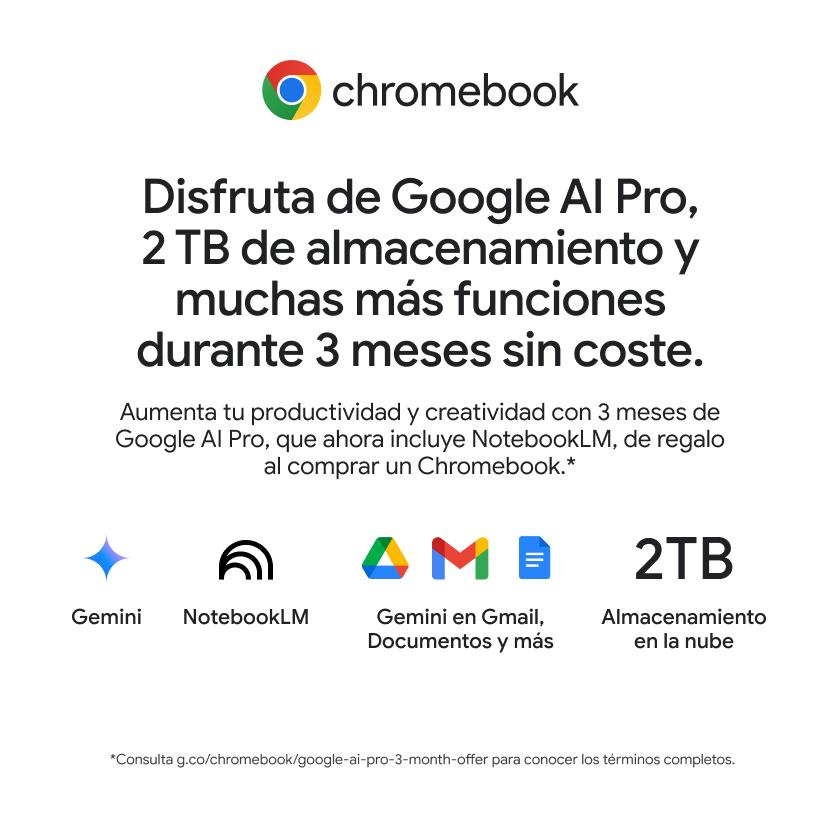 Anuncio de Chromebook. Ofrece Google AI Pro, 2 TB de almacenamiento y más funciones durante 3 meses sin costo.