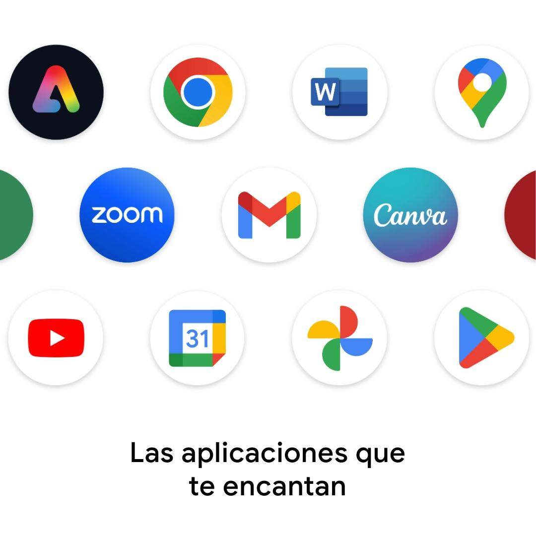 La imagen muestra iconos de aplicaciones como Zoom, Gmail, Canva, YouTube y otros. El texto debajo dice 'Las aplicaciones que te encantan'.