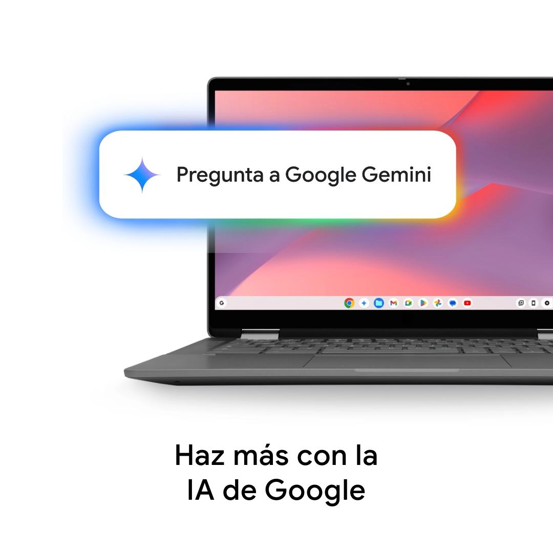 Laptop mostrando 'Pregunta a Google Gemini'. Abajo: 'Haz más con la IA de Google.' Fondo: gradiente púrpura y rojo.