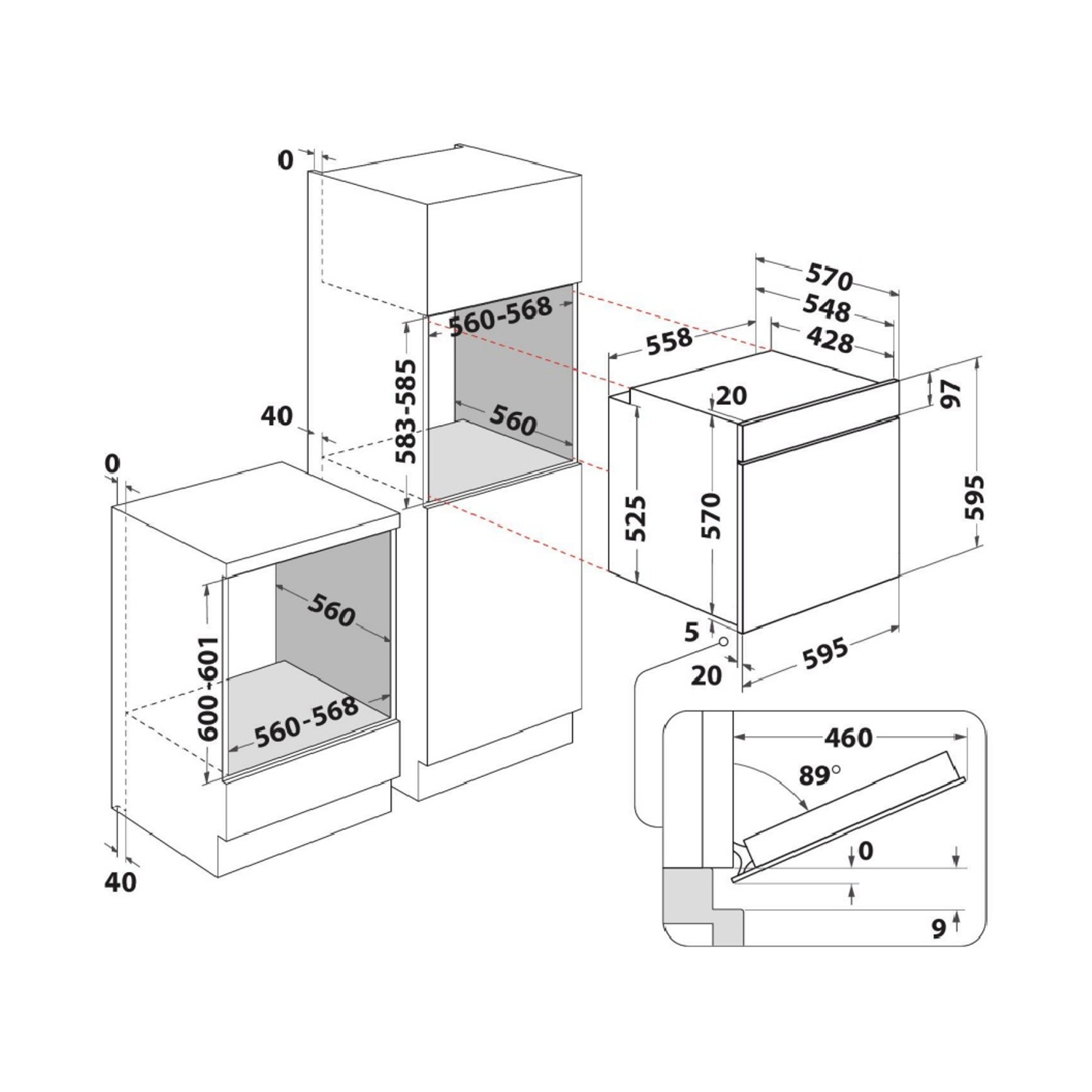 Diagramma che mostra le dimensioni degli elettrodomestici da cucina ad incasso, tra cui un microonde e un forno, con misurazioni numeriche.