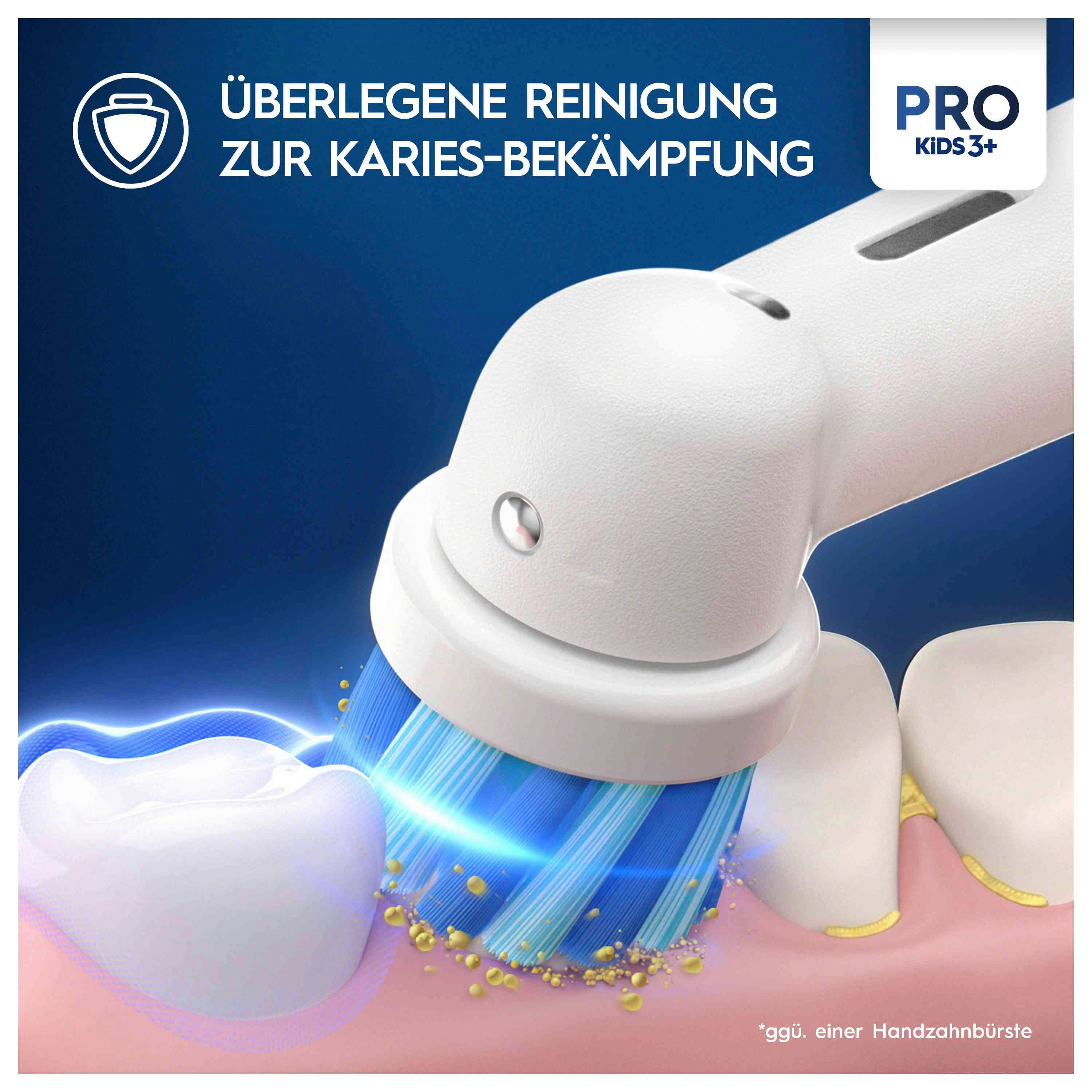 Eine elektrische Zahnbürste reinigt Zähne. Die Bürste hat weiße und blaue Borsten. Der Hintergrund ist blau und Zähne.