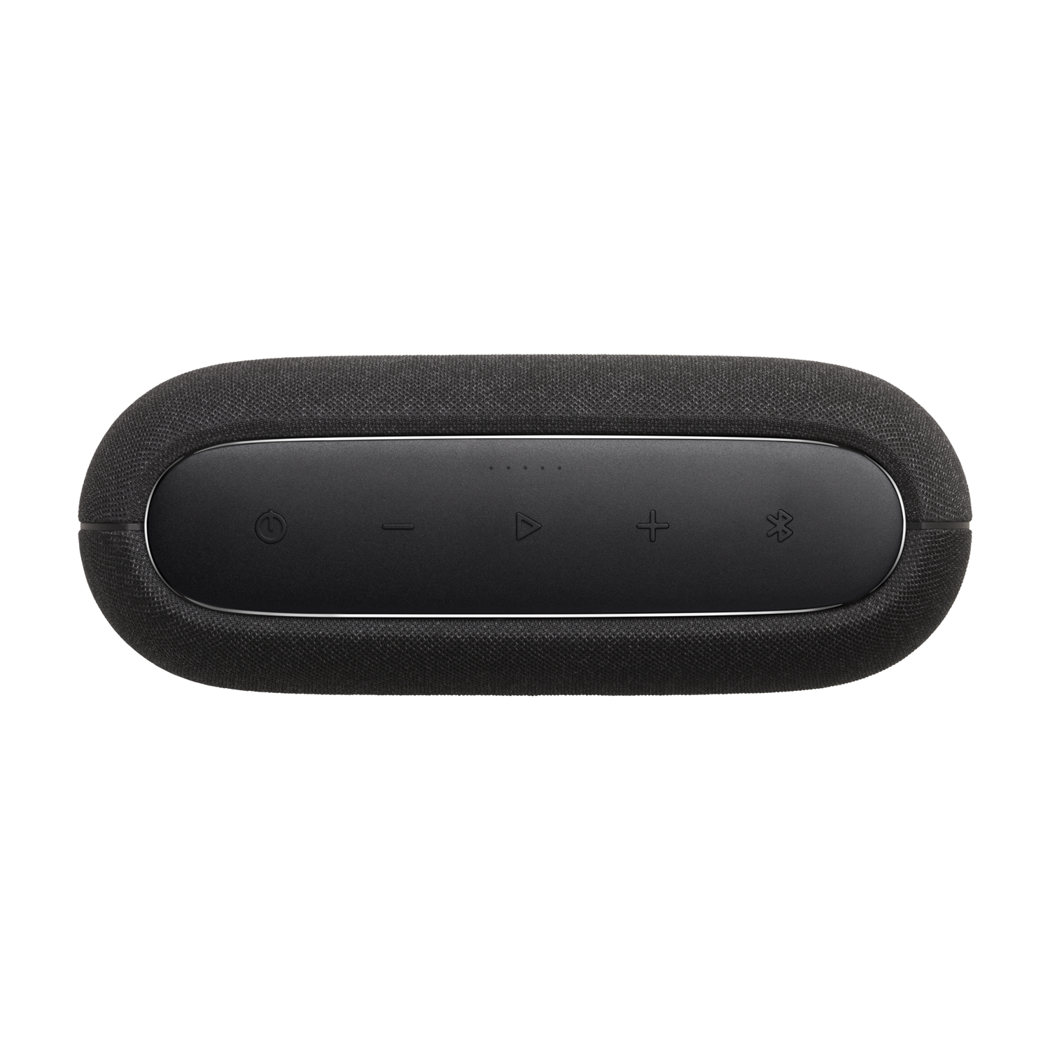 Un altavoz negro de forma ovalada con lados de tela y un panel de control negro. Los controles incluyen encendido, volumen y Bluetooth.