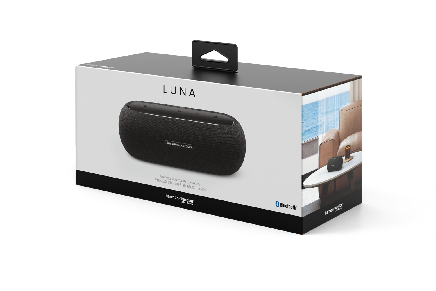 Caja con altavoz negro etiquetado como "LUNA" y "harman/kardon". Muestra un altavoz, un asa superior y una escena de habitación.
