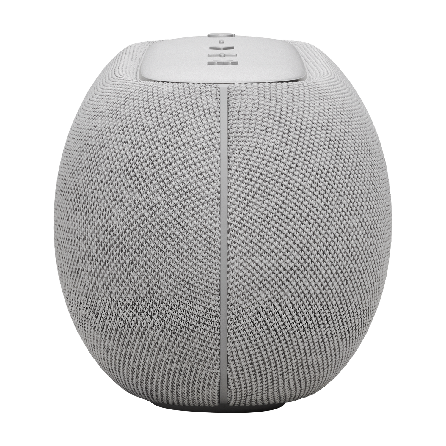 Un altavoz gris en forma de huevo. Tiene un exterior de tela texturizada y una parte superior plana con botones de control. El fondo es gris.