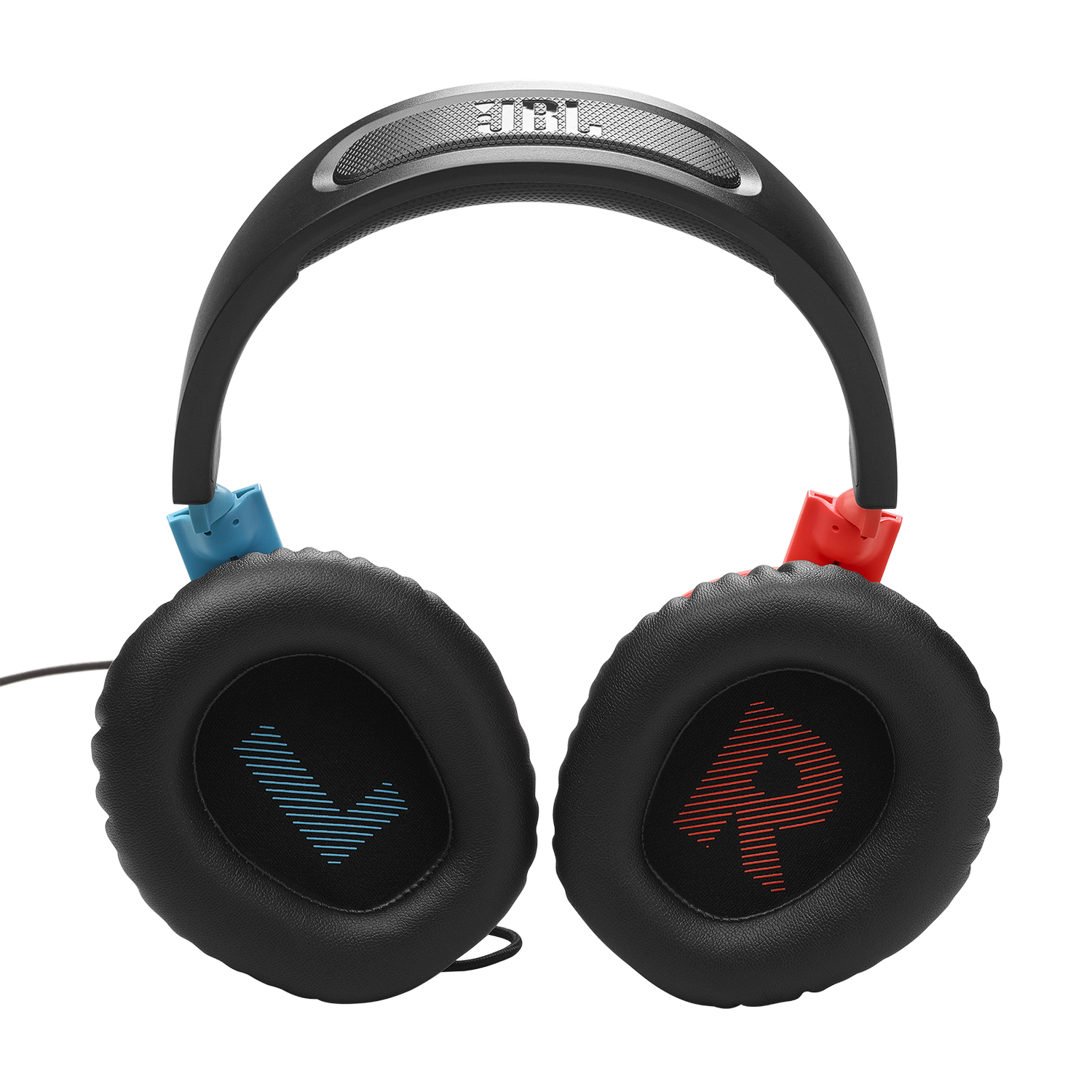 Auriculares JBL negros con detalles azules y rojos. Las orejeras tienen las marcas L y R.