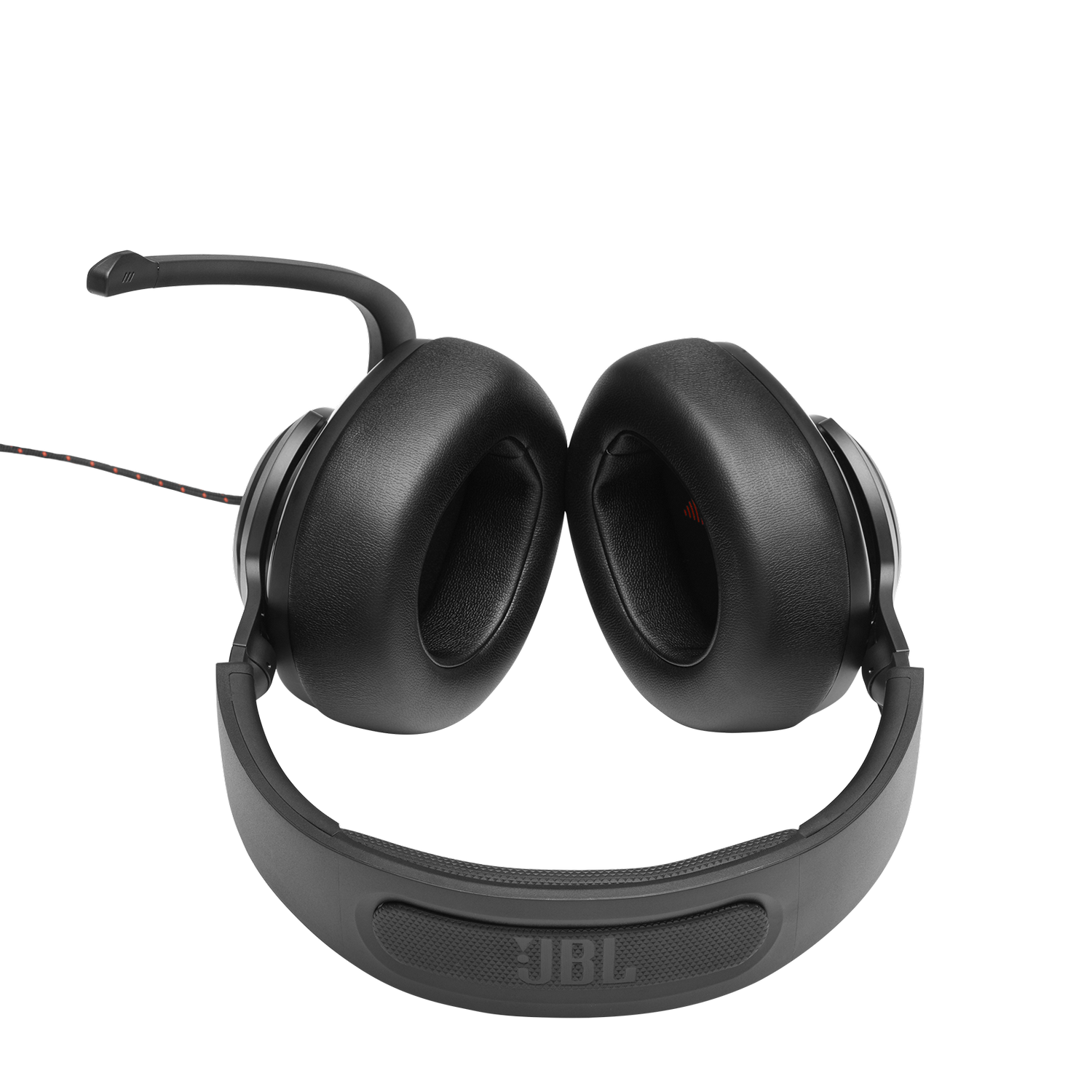 Auriculares gaming JBL negros con micrófono. Los auriculares están sobre un fondo gris. Las orejeras son grandes y acolchadas.