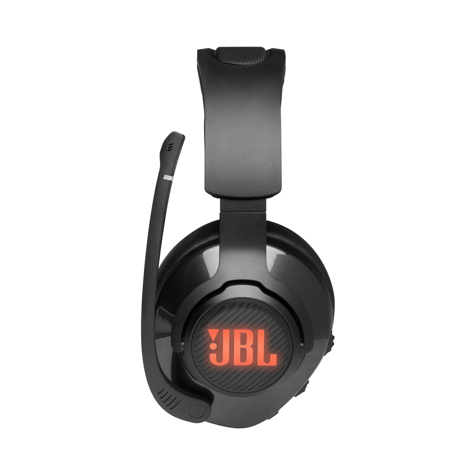 Auriculares de juego JBL negros con micrófono. El logotipo de JBL brilla en naranja. Fondo gris.