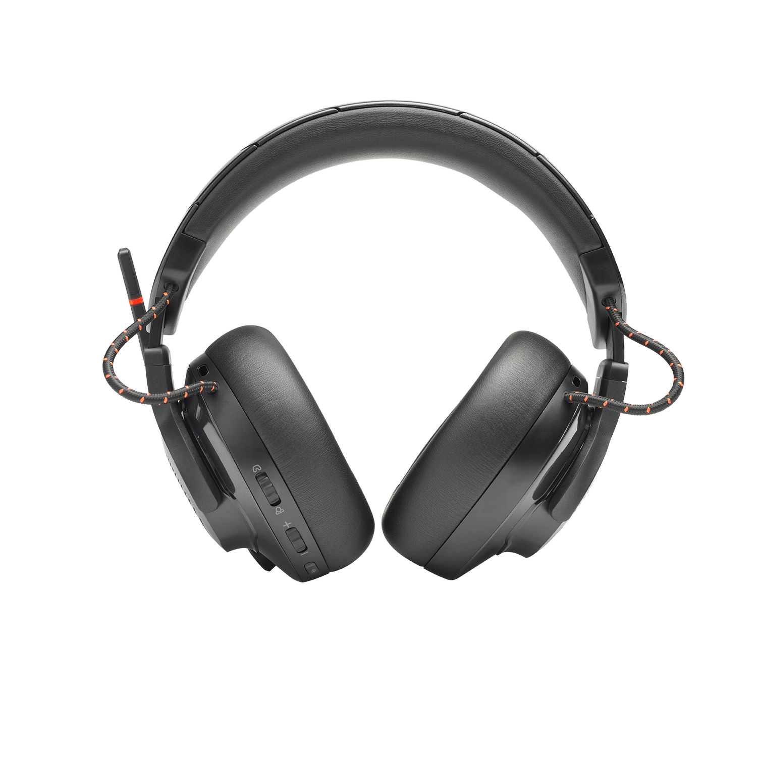 Auriculares para juegos negros con detalles en naranja. Sobre fondo gris. Controles visibles en la orejera izquierda.