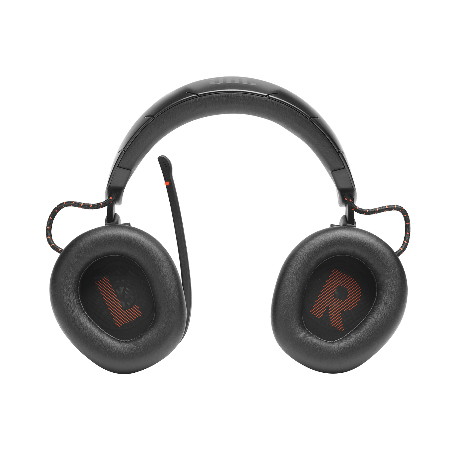 Auriculares JBL negros con detalles en naranja. Los auriculares tienen las marcas 'L' y 'R'. Un micrófono se extiende desde el auricular izquierdo.