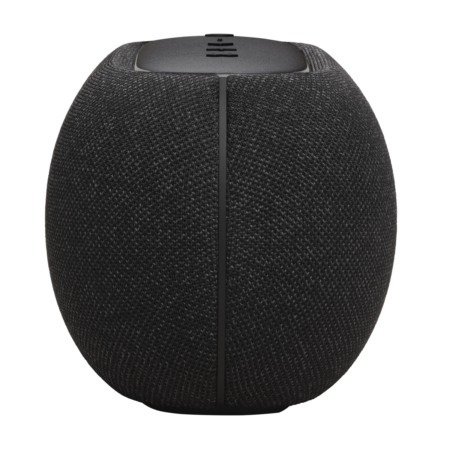 Un altavoz negro y esférico con un exterior de tela texturizada. Una línea negra vertical recorre el centro.