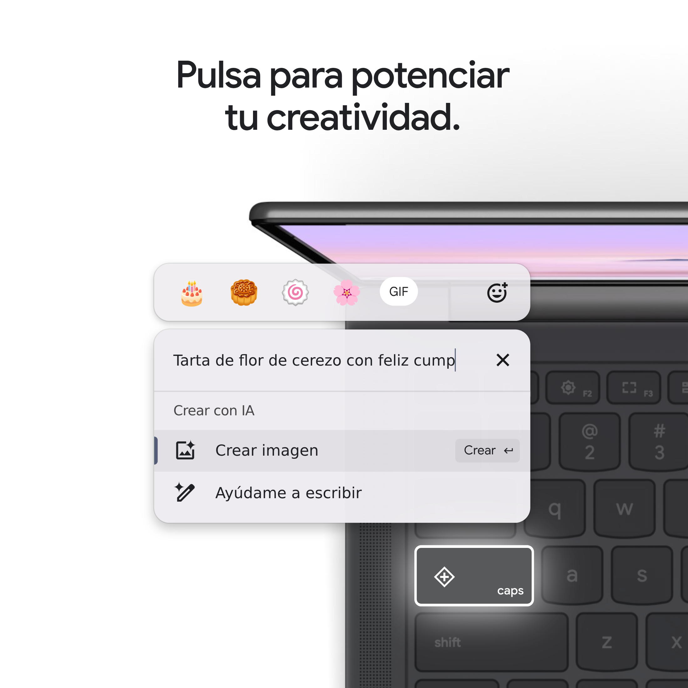 Teclado de portátil con menú superior. Sugiere generar contenido, pastel y crear imágenes.