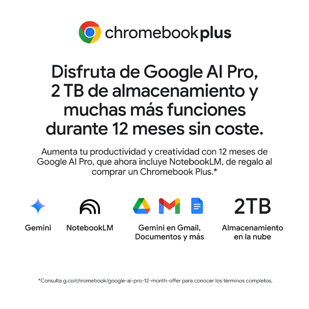 Anuncio de Chromebook Plus: Google AI Pro, 2 TB de almacenamiento y más funciones gratis por 12 meses. Iconos de Gemini, NotebookLM, Gmail y la nube.