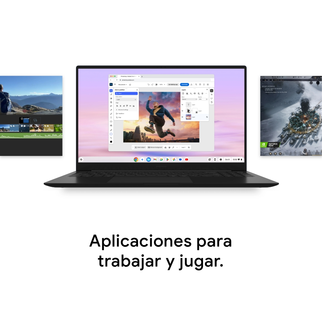 Un portátil muestra aplicaciones, incluido un editor de imágenes con una figura saltando y una interfaz de juego. El texto inferior dice 'Aplicaciones para trabajar y jugar'.