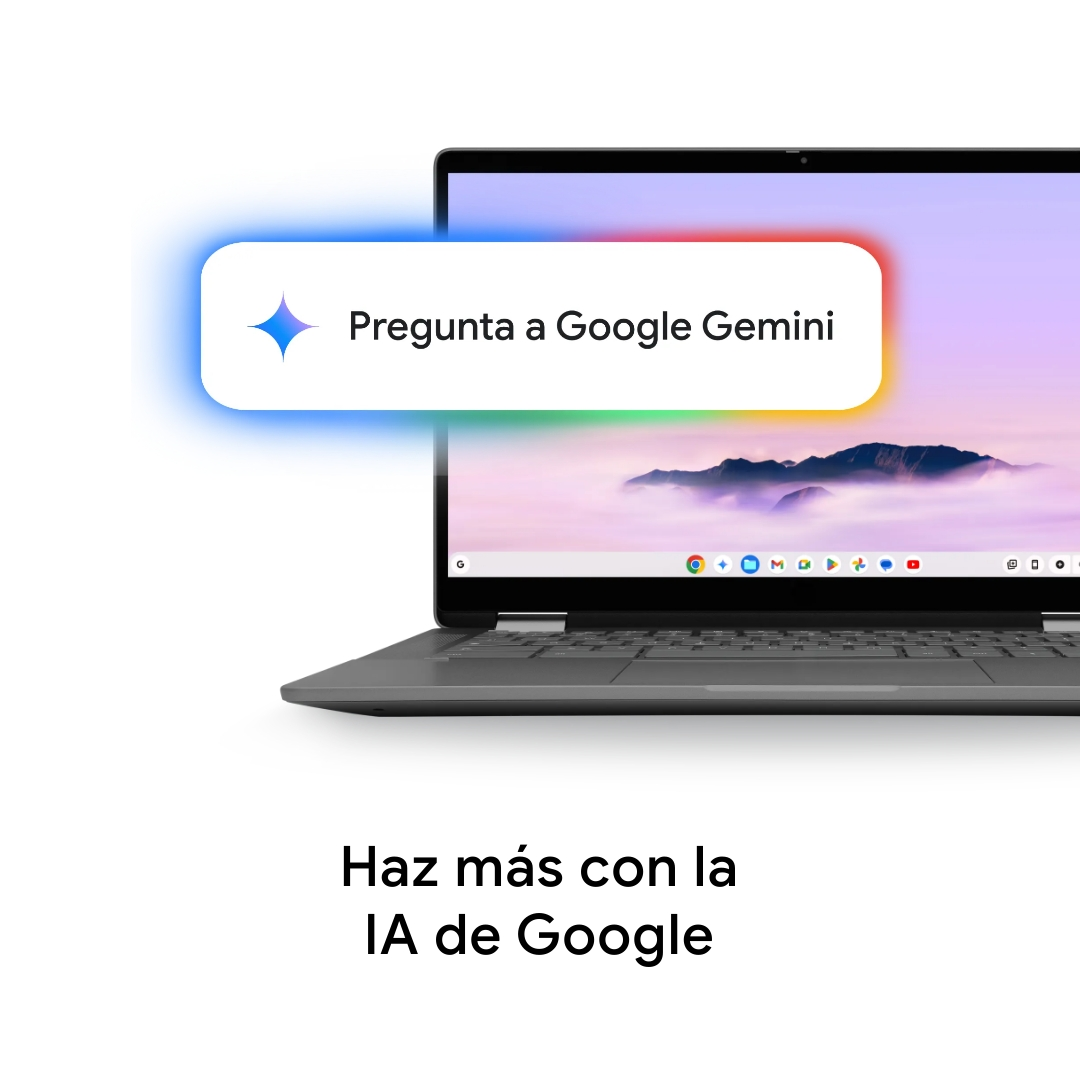 Portátil con 'Pregunta a Google Gemini'. Abajo: 'Haz más con la IA de Google'. Pantalla muestra paisaje montañoso.
