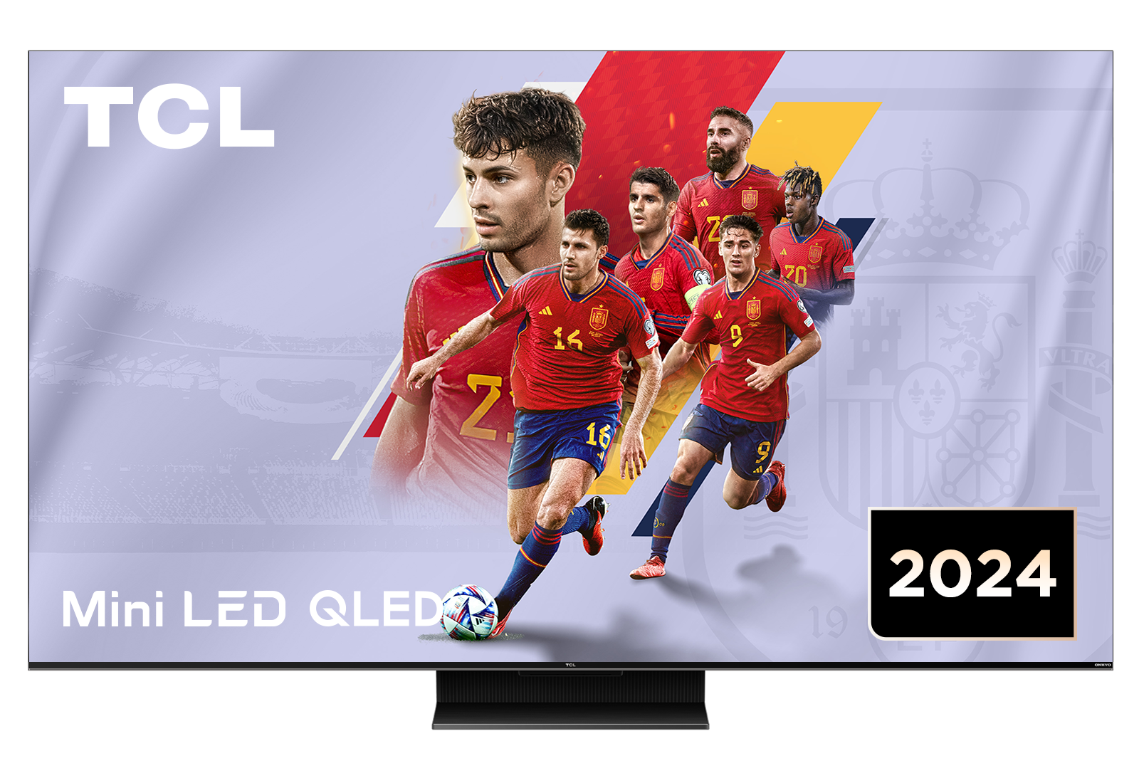 El televisor TCL muestra a jugadores de fútbol españoles. El televisor tiene un logotipo de 2024. Los jugadores llevan camisetas rojas y pantalones cortos azules.