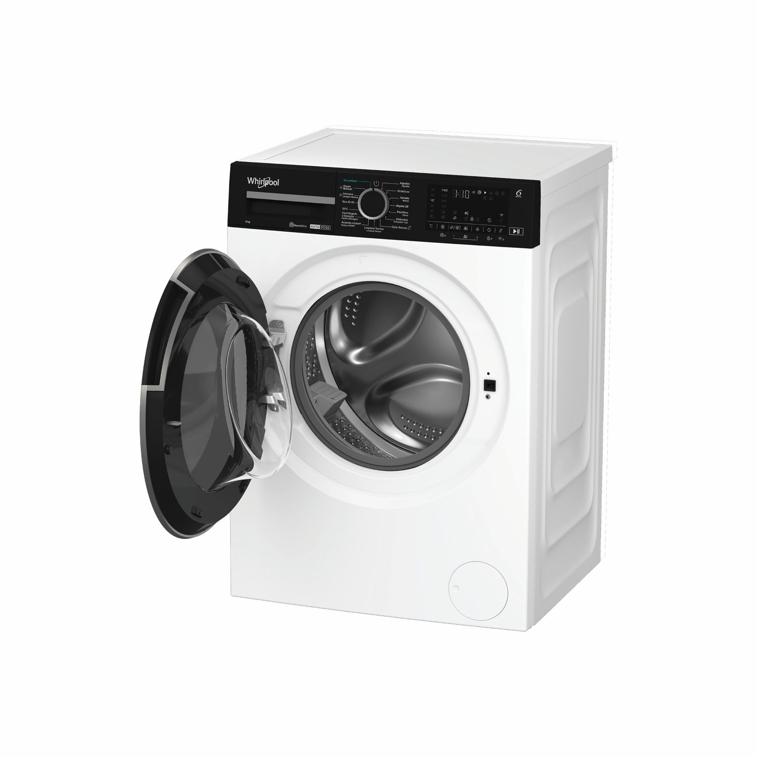 Una lavadora Whirlpool blanca con la puerta abierta. El panel de control es negro. La puerta es transparente.