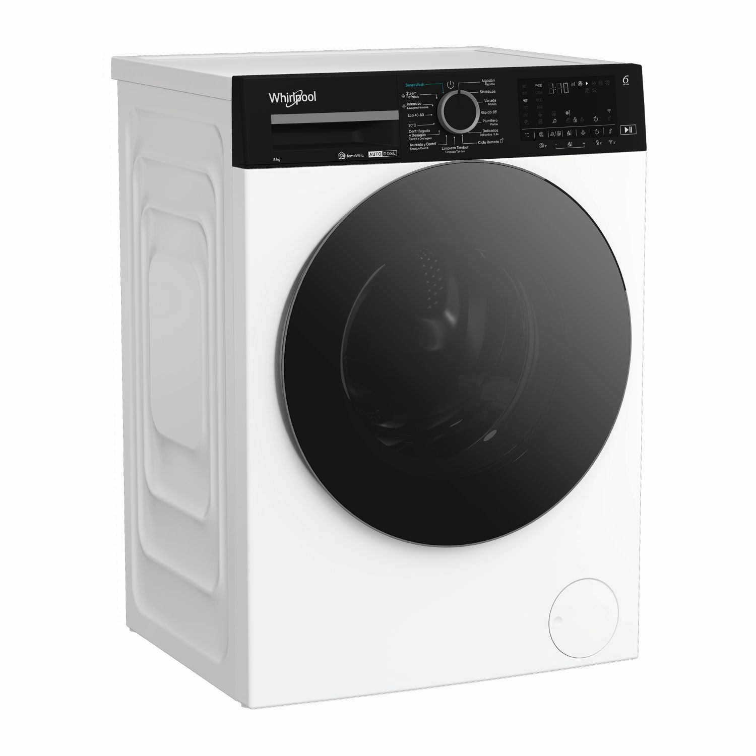 Una lavadora Whirlpool blanca. Tiene un panel de control negro y una gran puerta negra.