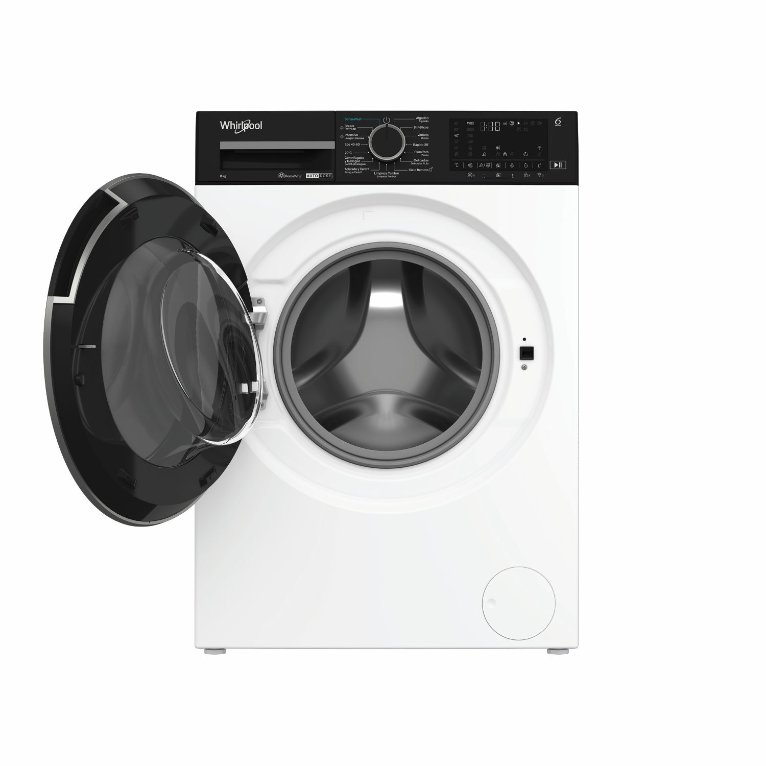 Lavadora Whirlpool blanca con la puerta abierta. El panel de control está arriba, mostrando diferentes configuraciones de lavado y pantalla digital.