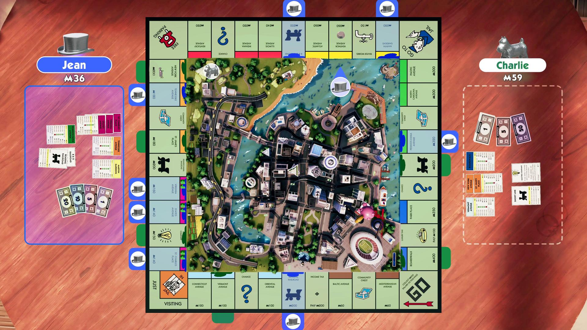Monopoly-Brettspiel mit Stadtansicht, Spielernamen Jean und Charlie, Geld und Karten.