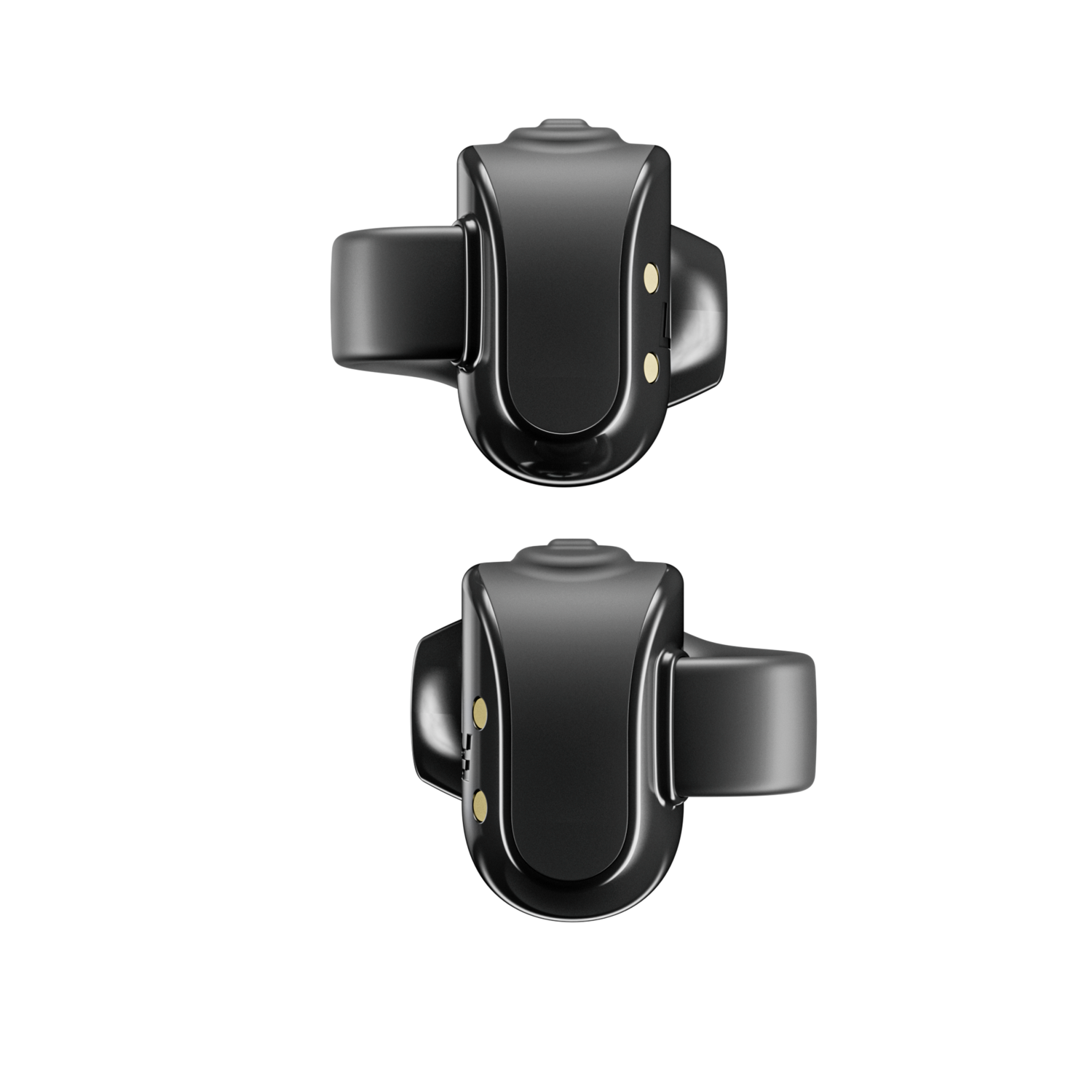 Deux appareils technologiques portables noirs, chacun avec une bague et des boutons, sont présentés sur fond noir.