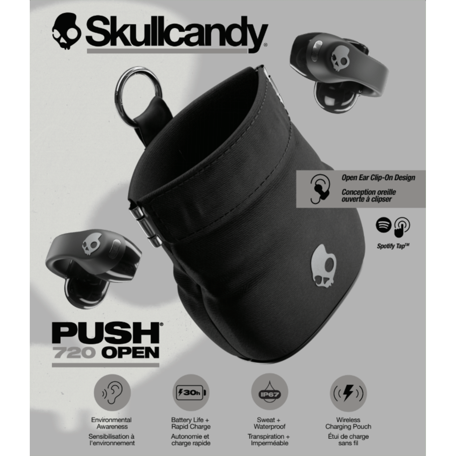Écouteurs Skullcandy noirs avec étui de chargement. Comprend un design ouvert, autonomie de batterie et étanche. Push 720 Open est le modèle.