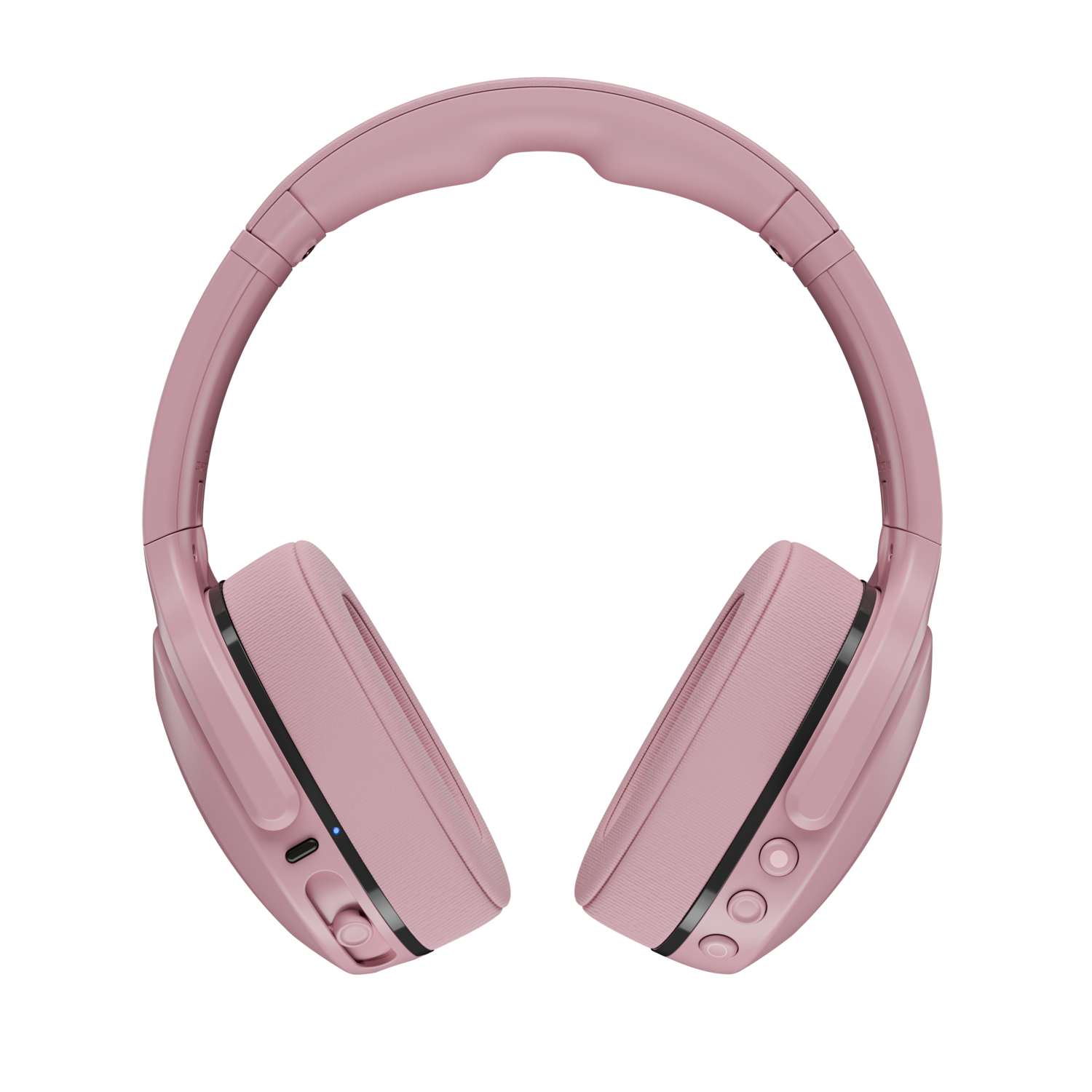 Casque rose sur fond noir. Le casque a des écouteurs et un bandeau, avec des boutons sur les côtés.