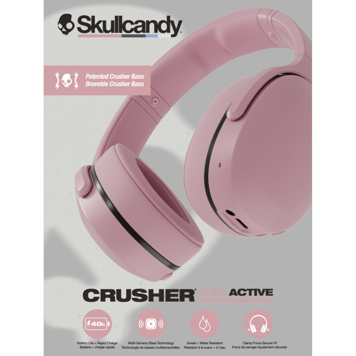 Casque Skullcandy Crusher rose. Caractéristiques : 40h d'autonomie, technologie de basses multisensorielles, résistance à la sueur et ajustement sûr.