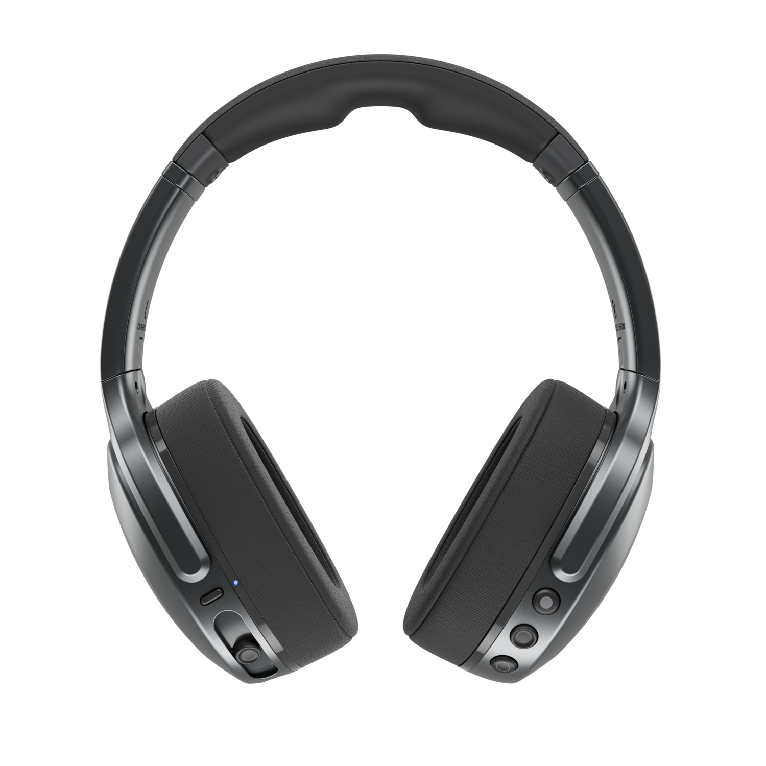 Casque circum-auriculaire avec finition métallique sombre et coussinets gris, boutons sur les côtés et fond noir.