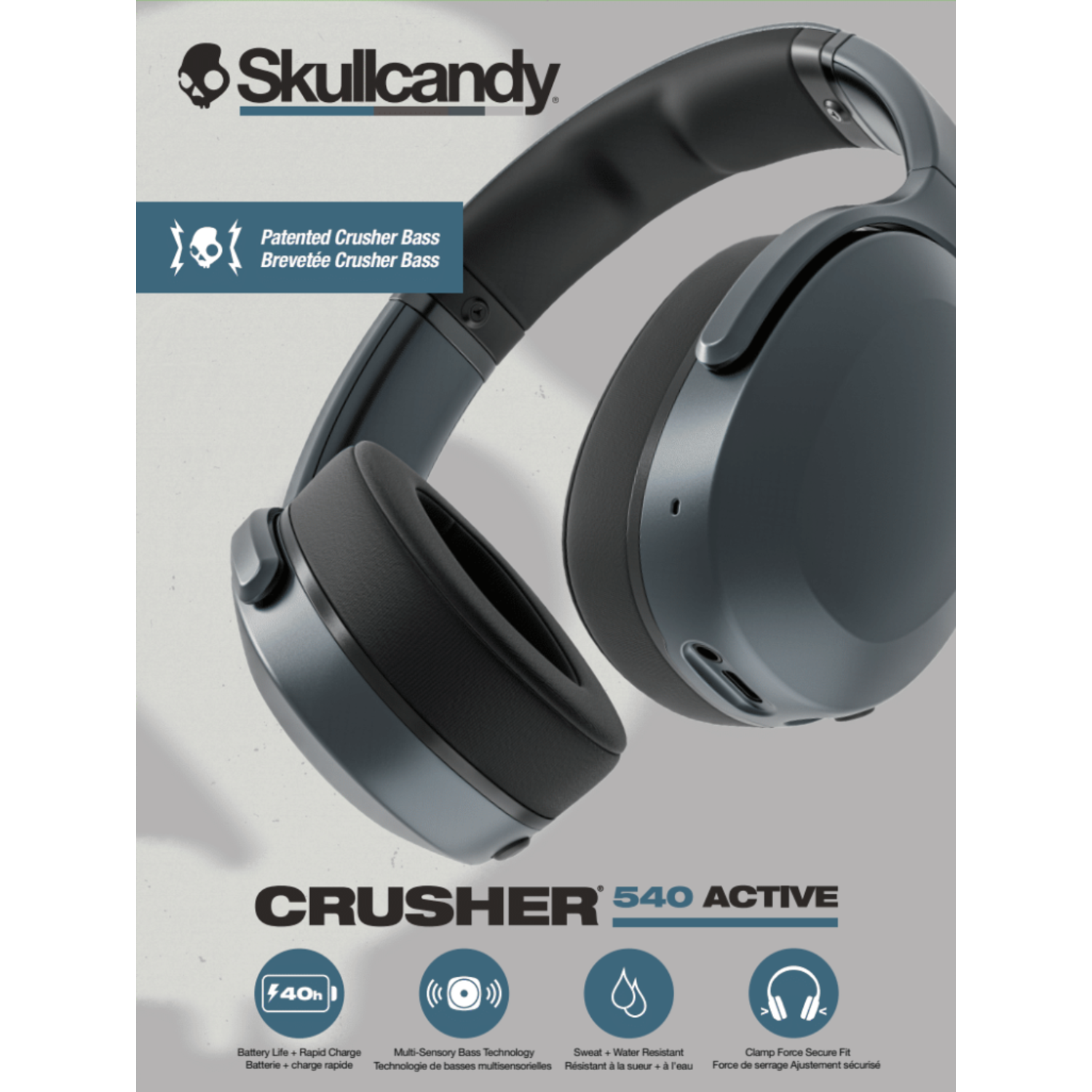 Casque Skullcandy Crusher 540 Active gris. Détails sur la batterie, les basses multisensorielles, la résistance à la sueur et l'ajustement sûr.