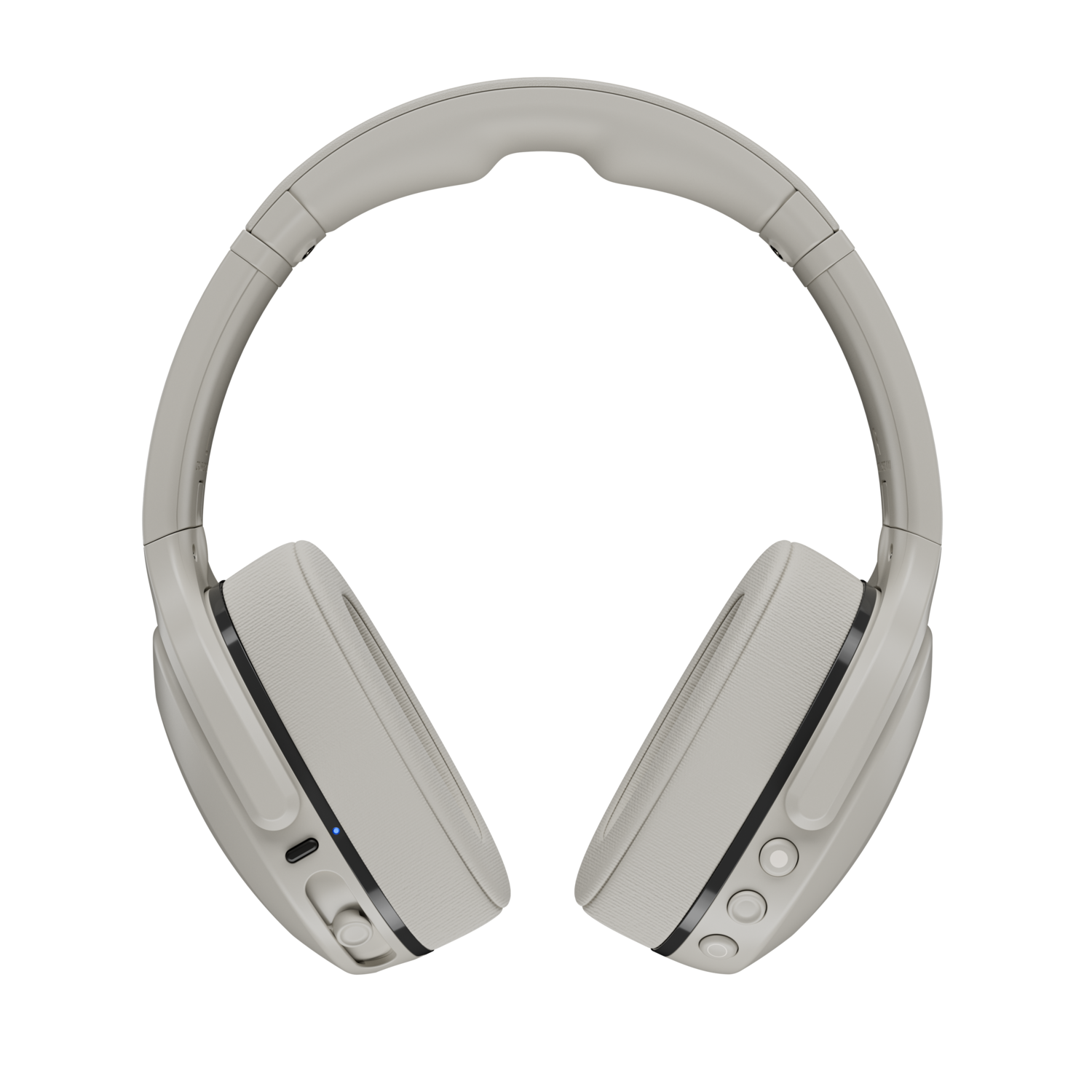 Casque beige, centré sur fond noir. Les oreillettes sont ovales, avec des boutons et une petite lumière sur le côté.