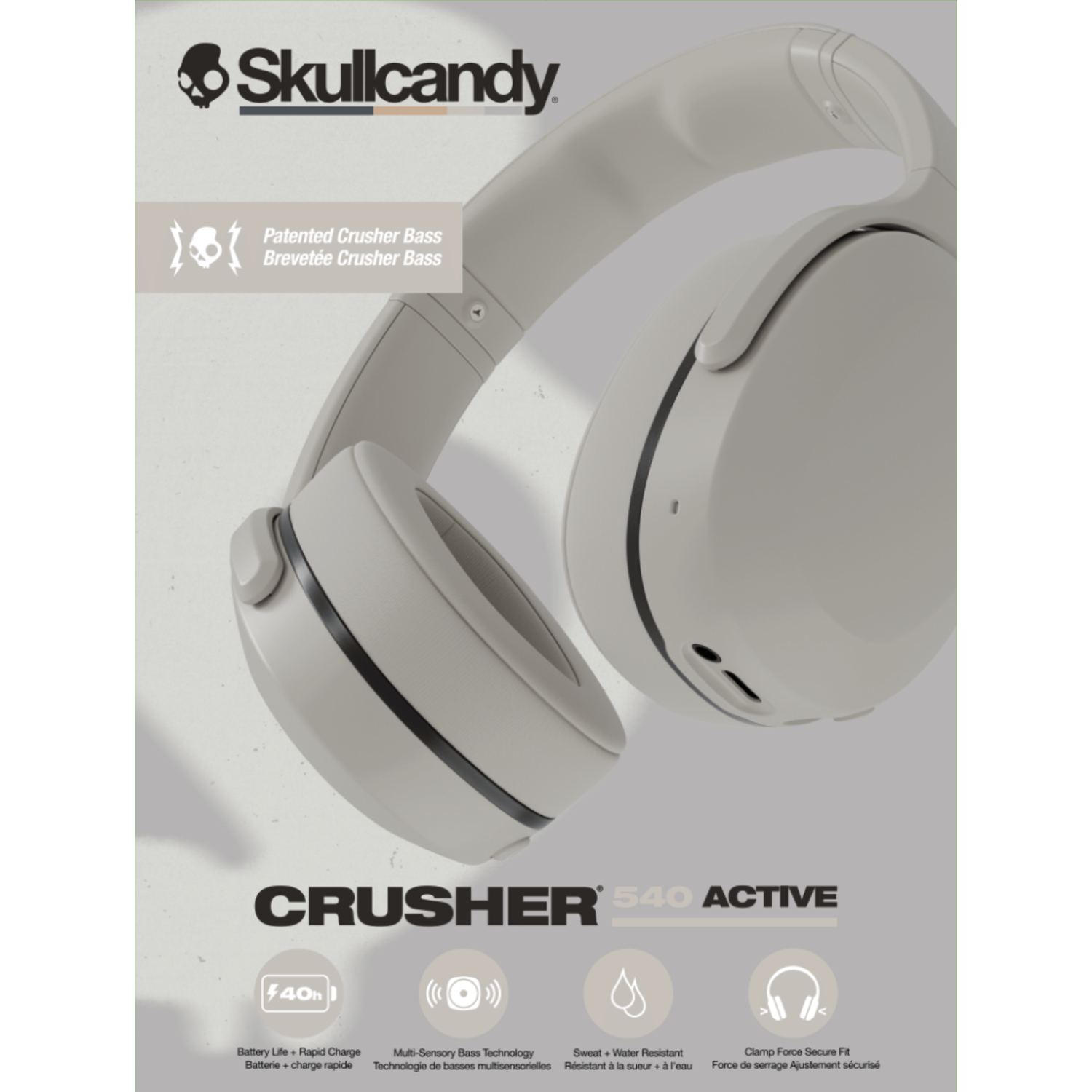 Casque Skullcandy Crusher 540 Active blanc sur fond clair. Caractéristiques : basses crusher, résistance à la sueur et ajustement sûr.