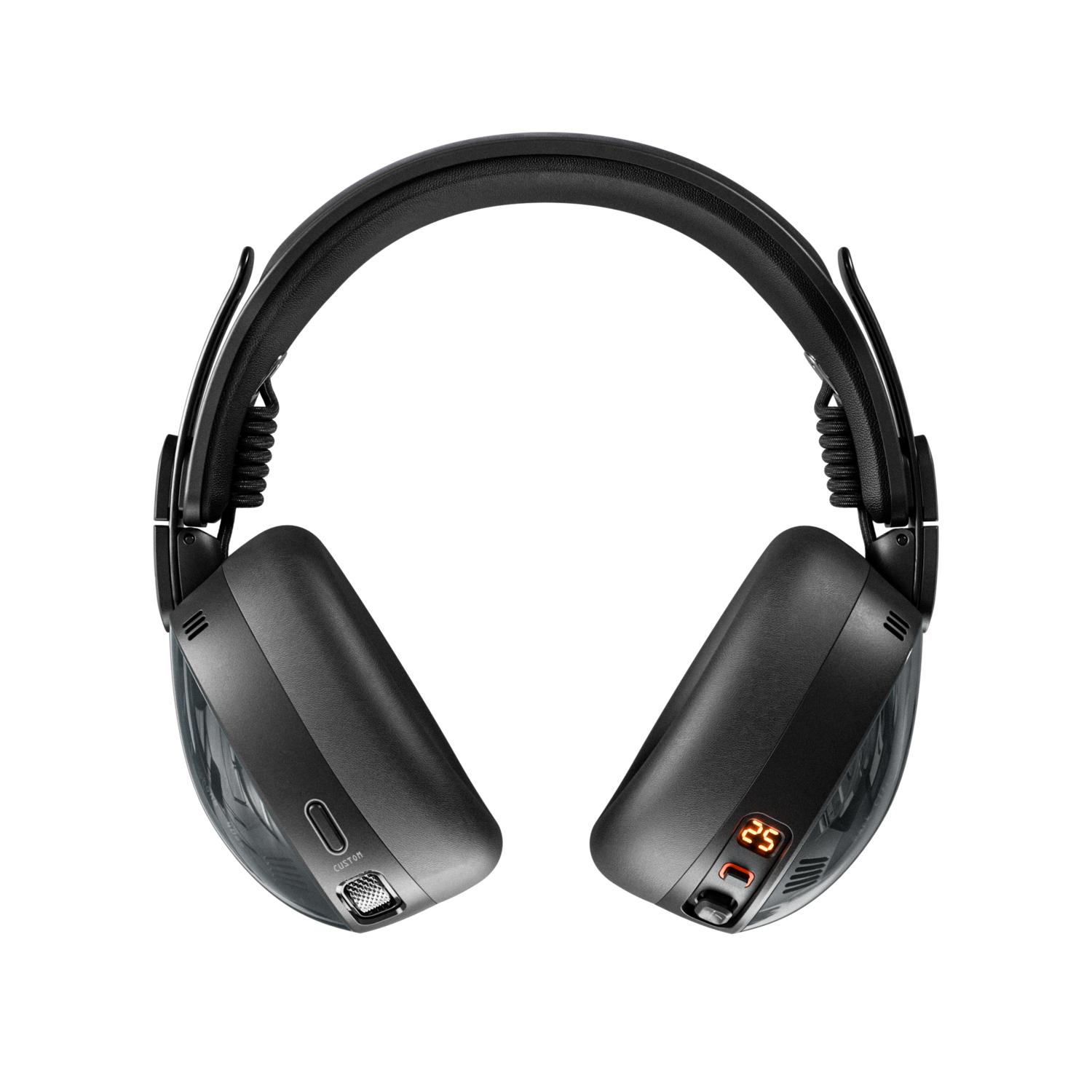 Casque noir avec écouteurs gris, un affichage numérique affiche '25'. Le casque est sur fond noir.