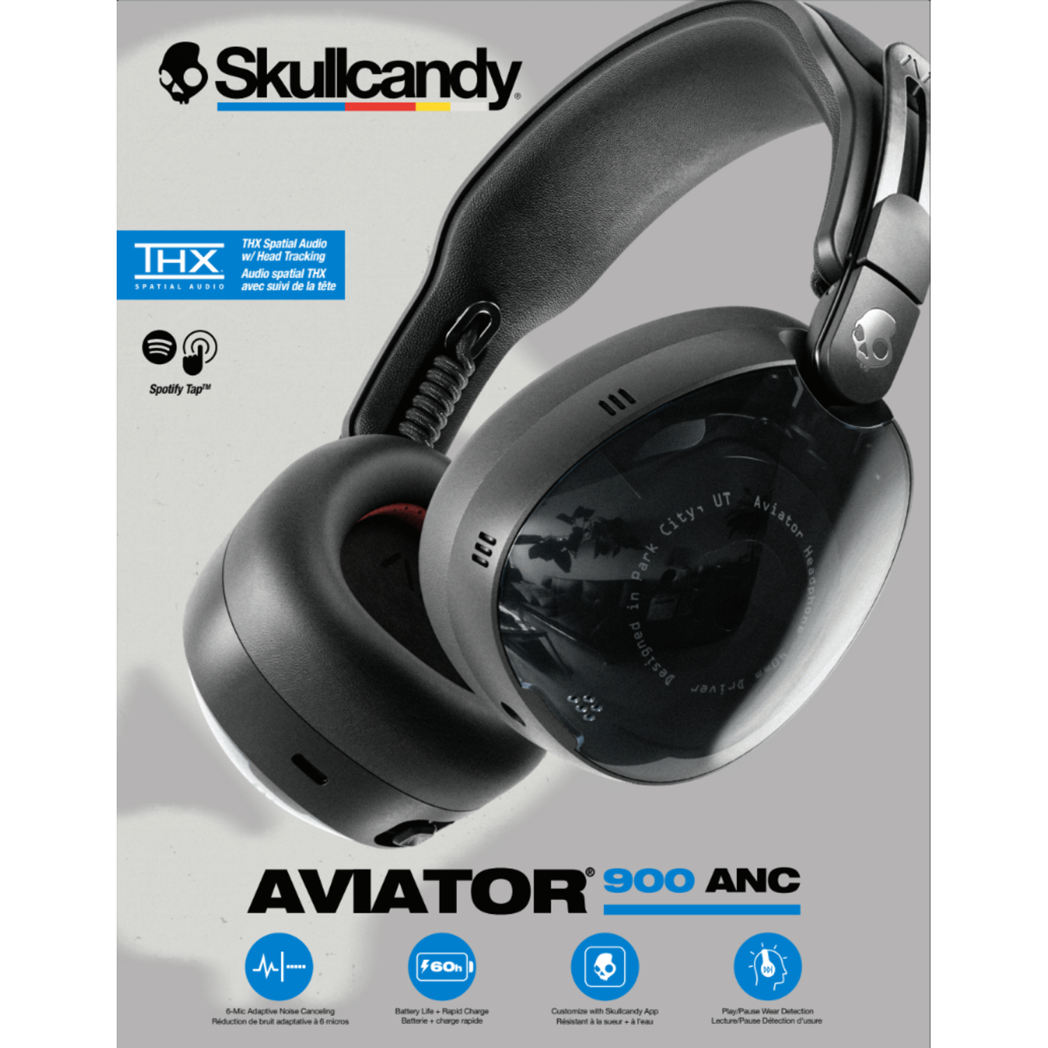 Casque Skullcandy Aviator 900 ANC noir. Fonctions: réduction de bruit, charge rapide et personnalisation via l'application Skullcandy.