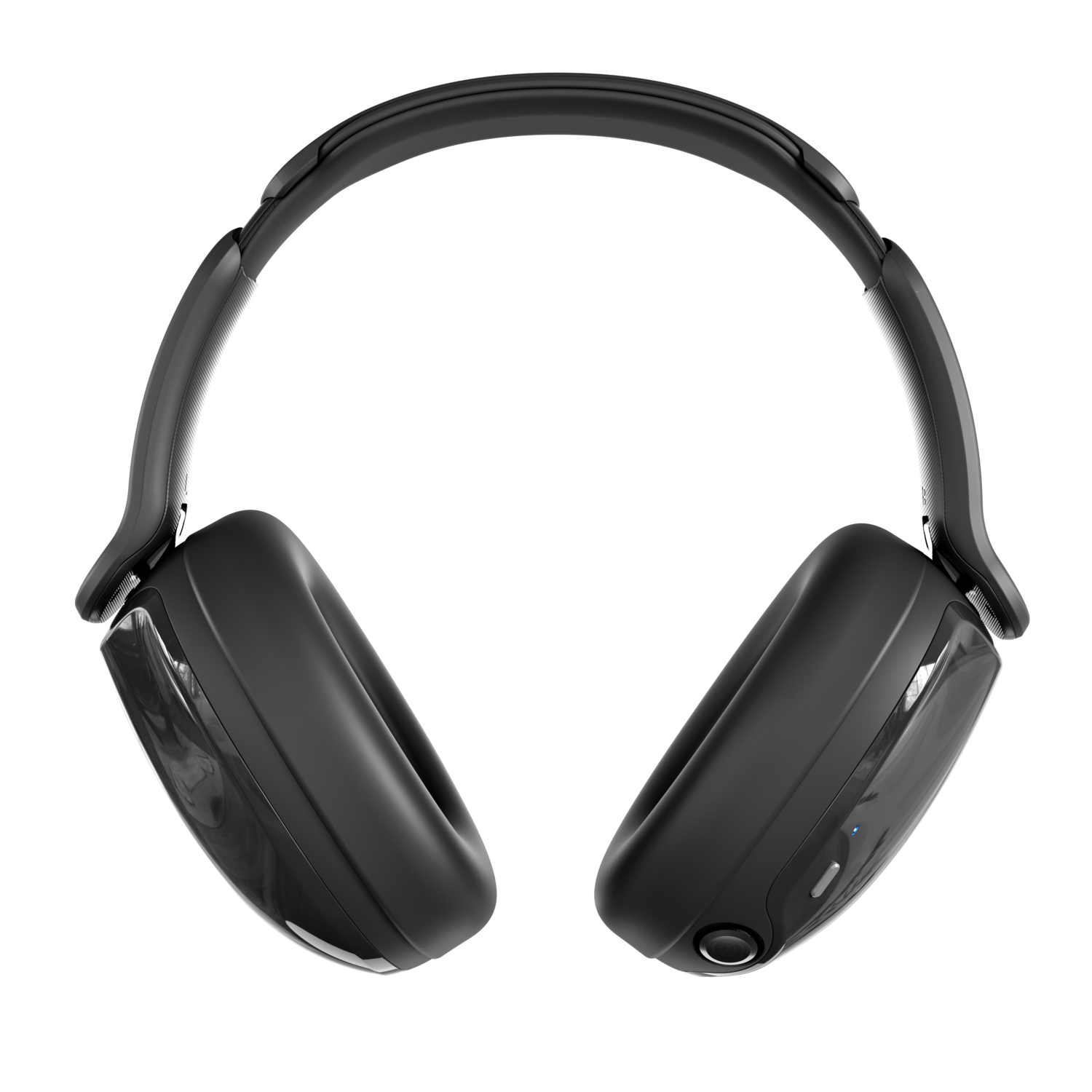 Casque noir sur fond noir. Le casque a de grands écouteurs et un bandeau rembourré. Une petite lumière bleue est visible.
