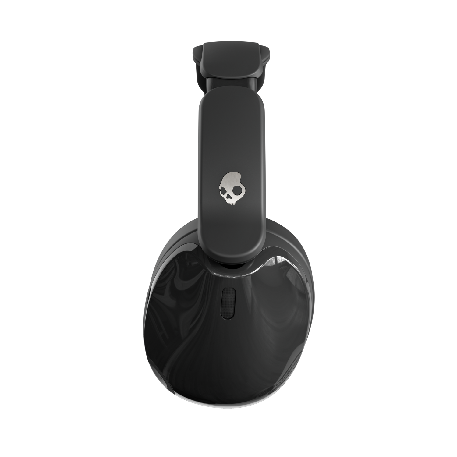 Casque noir avec logo tête de mort argenté sur fond noir. Les écouteurs ont un effet marbré.