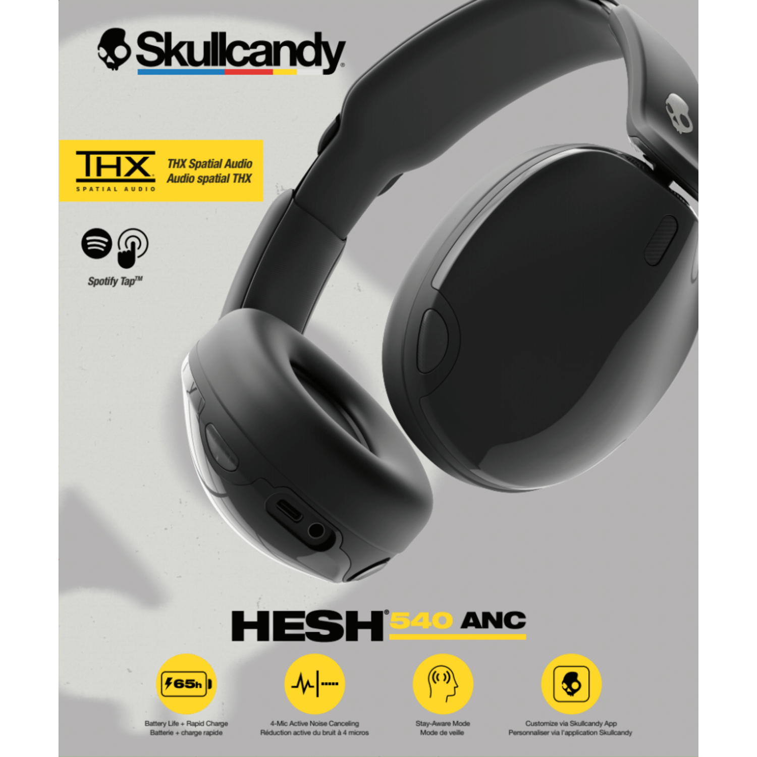 Casque Skullcandy Hesh ANC noir. Caractéristiques : 65h de batterie, annulation du bruit, mode Stay-Aware, audio spatial THX et Spotify Tap.