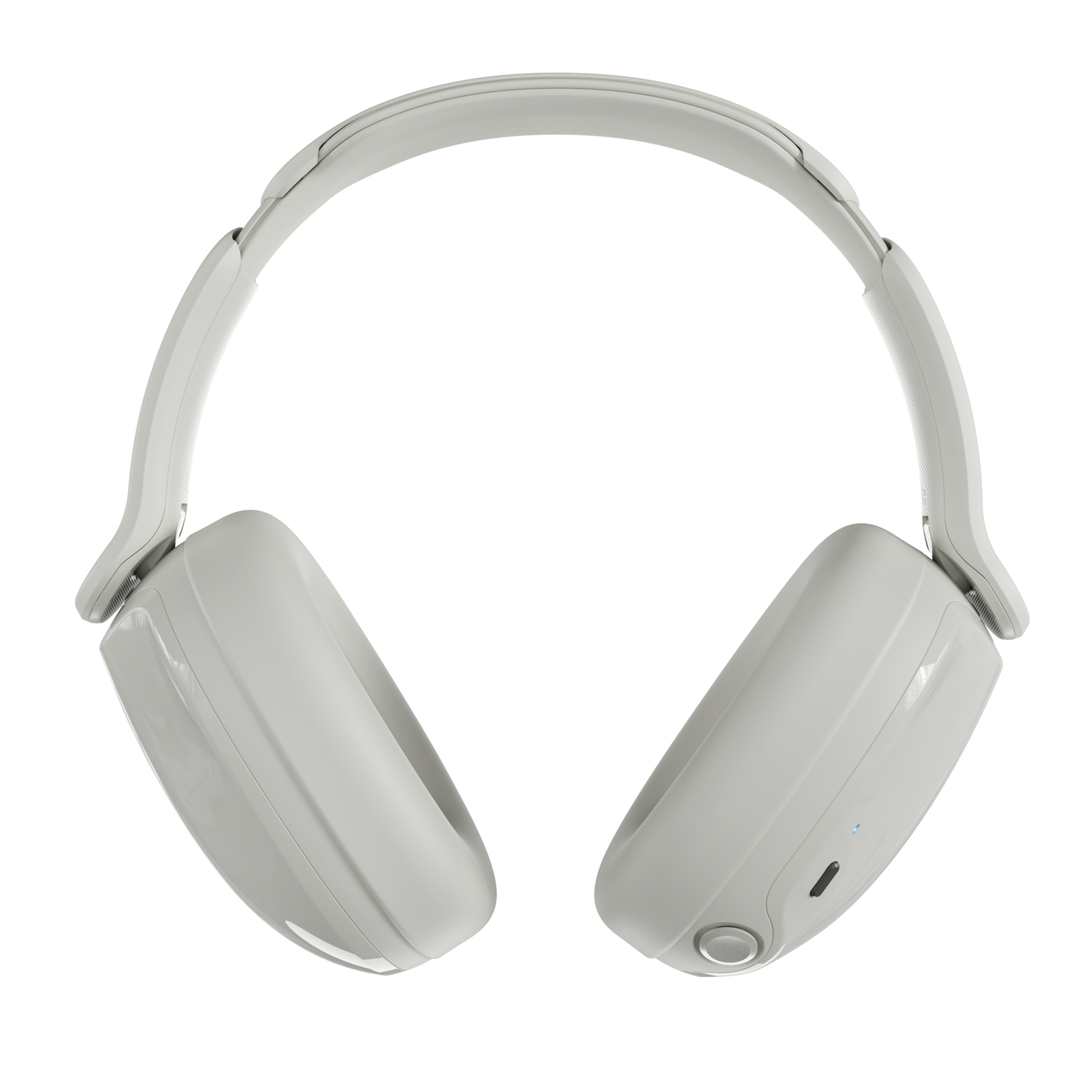 Casque blanc sur fond noir. Le casque est de type circum-auriculaire, avec un arceau incurvé et de grands écouteurs.