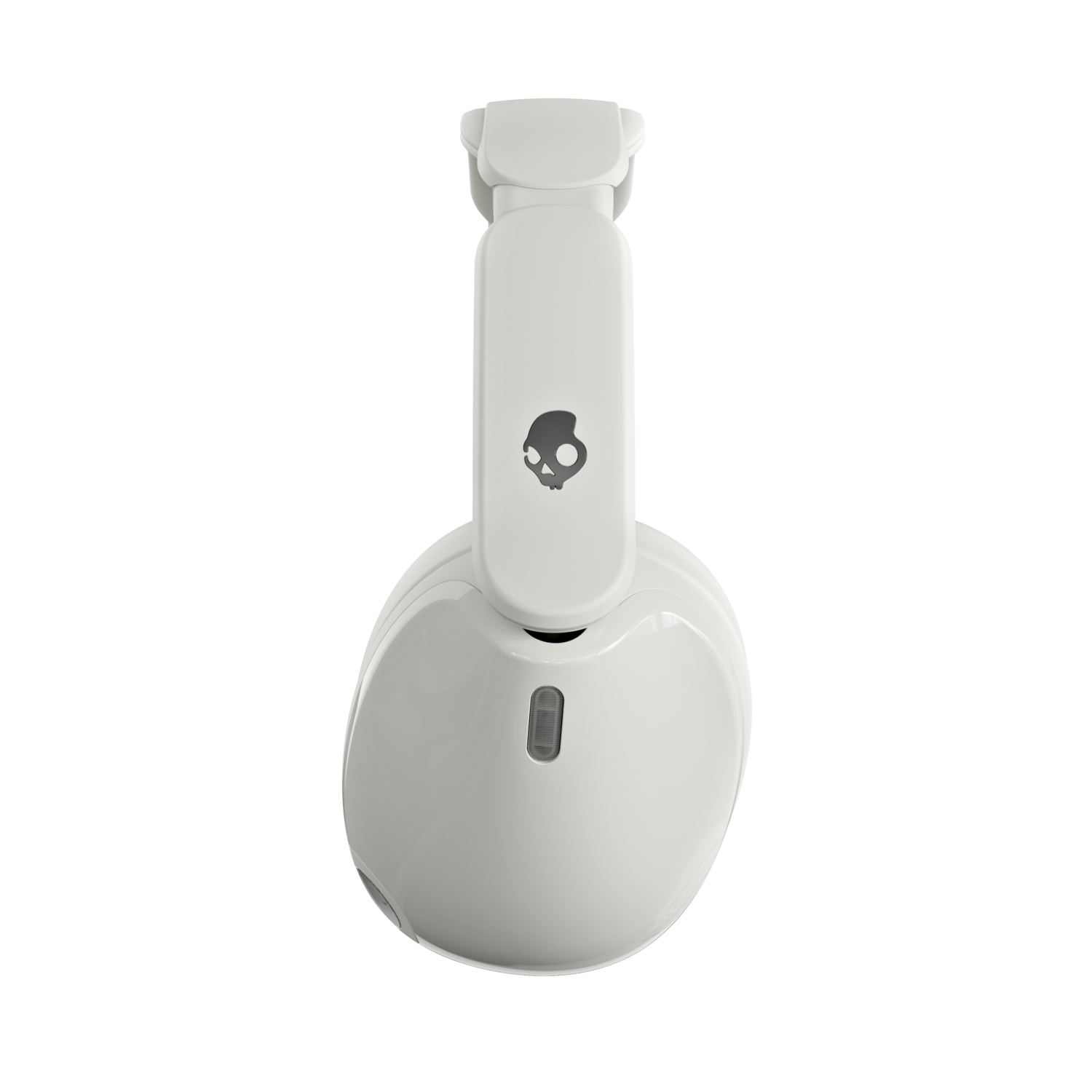Casque Skullcandy blanc sur fond noir. Le casque est plié et porte un logo de crâne.