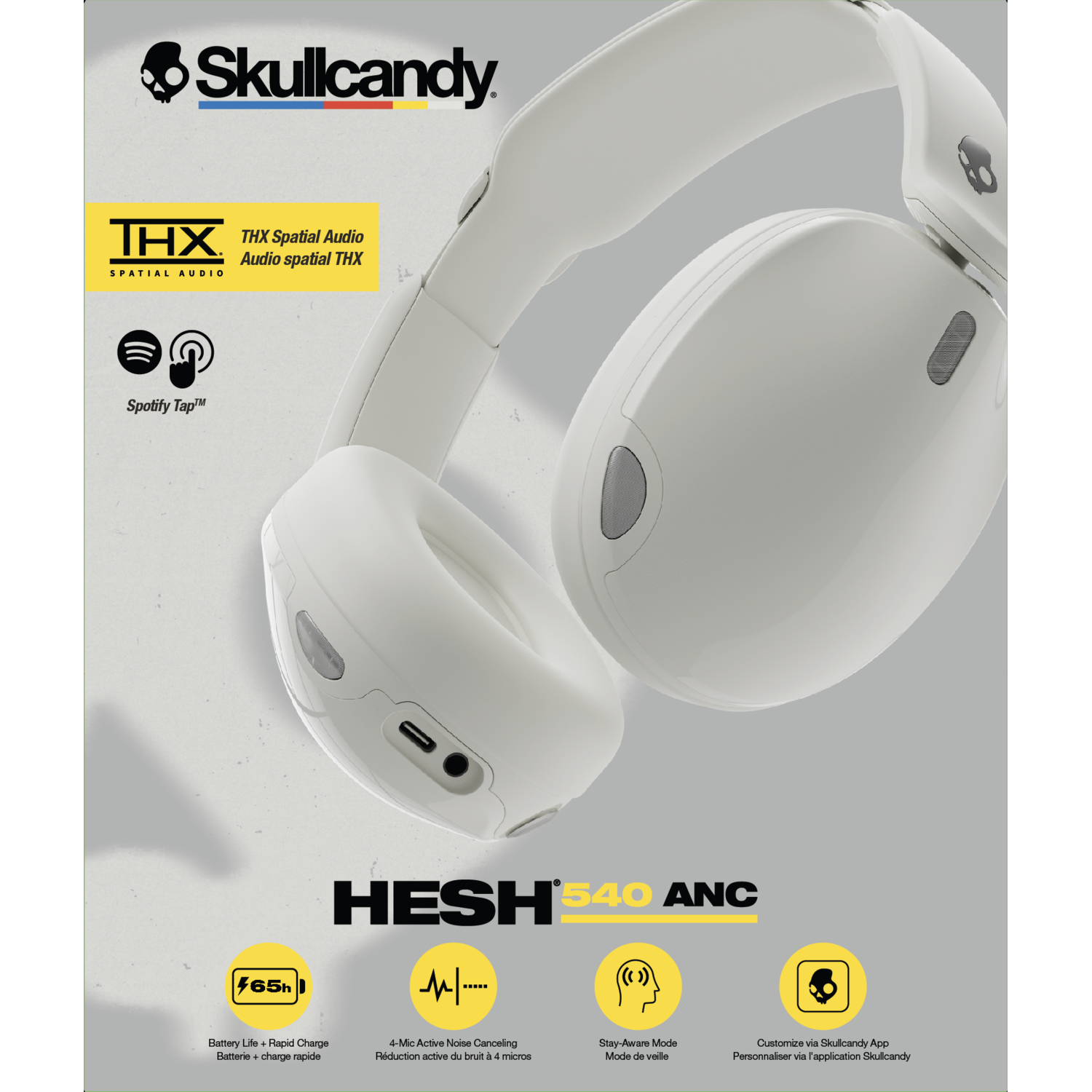 Casque Skullcandy Hesh 540 ANC blanc avec THX, Spotify et icônes de fonctionnalités sur fond sombre.