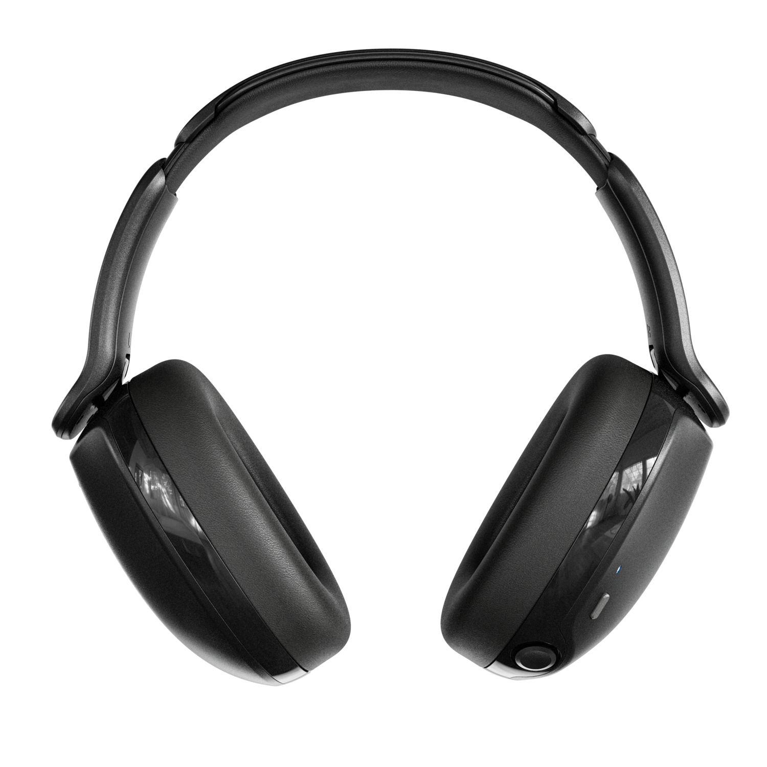 Casque audio noir avec bandeau et écouteurs rembourrés sur fond noir. Les écouteurs ont une finition brillante.