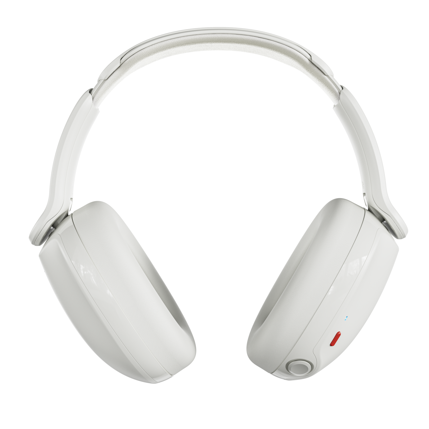 Casque circum-auriculaire blanc avec arceau et oreillettes rembourrés. Une lumière rouge et bleue est visible sur un écouteur, sur fond noir.