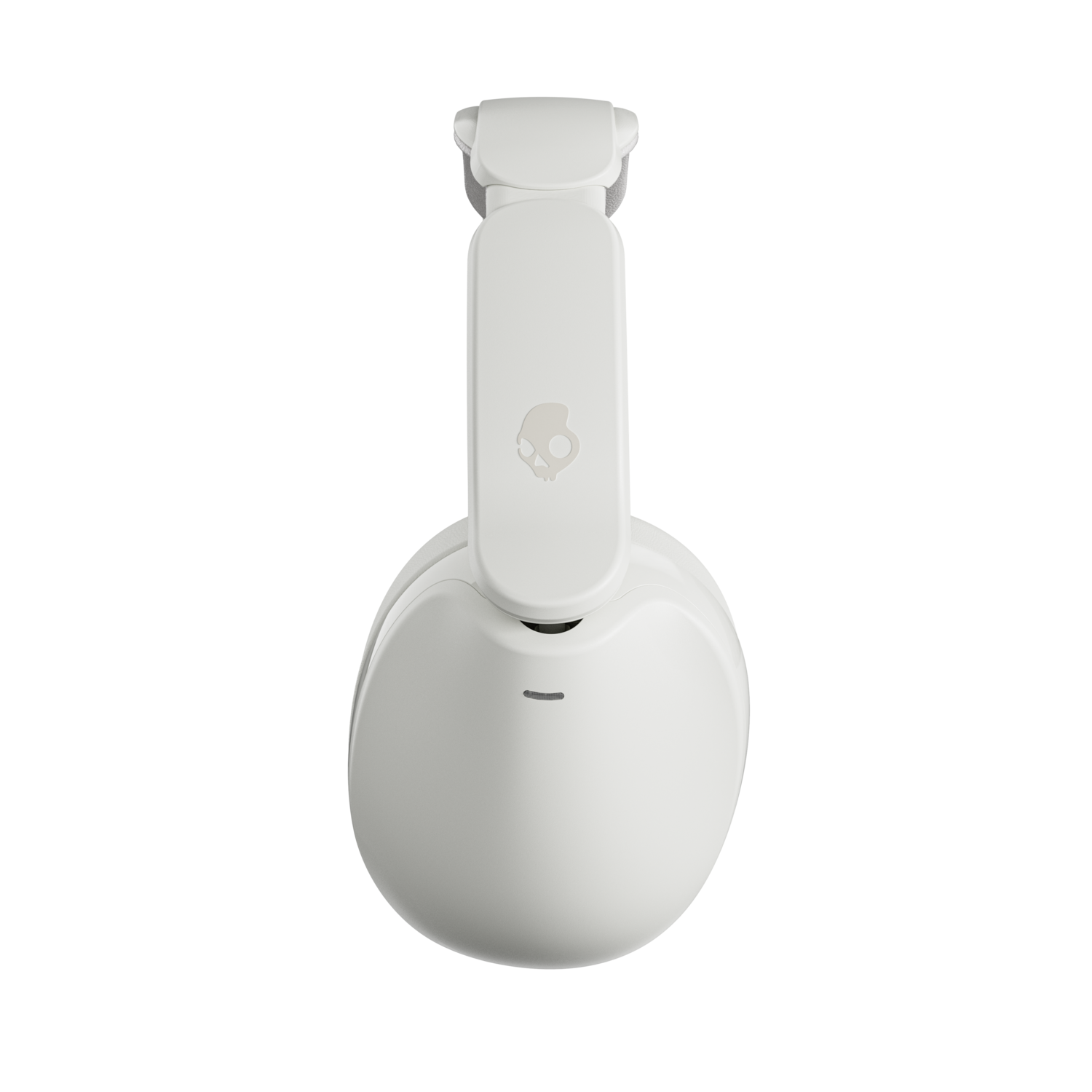 Casque Skullcandy blanc, plié. Le design présente un logo de crâne sur le bandeau. Fond noir.