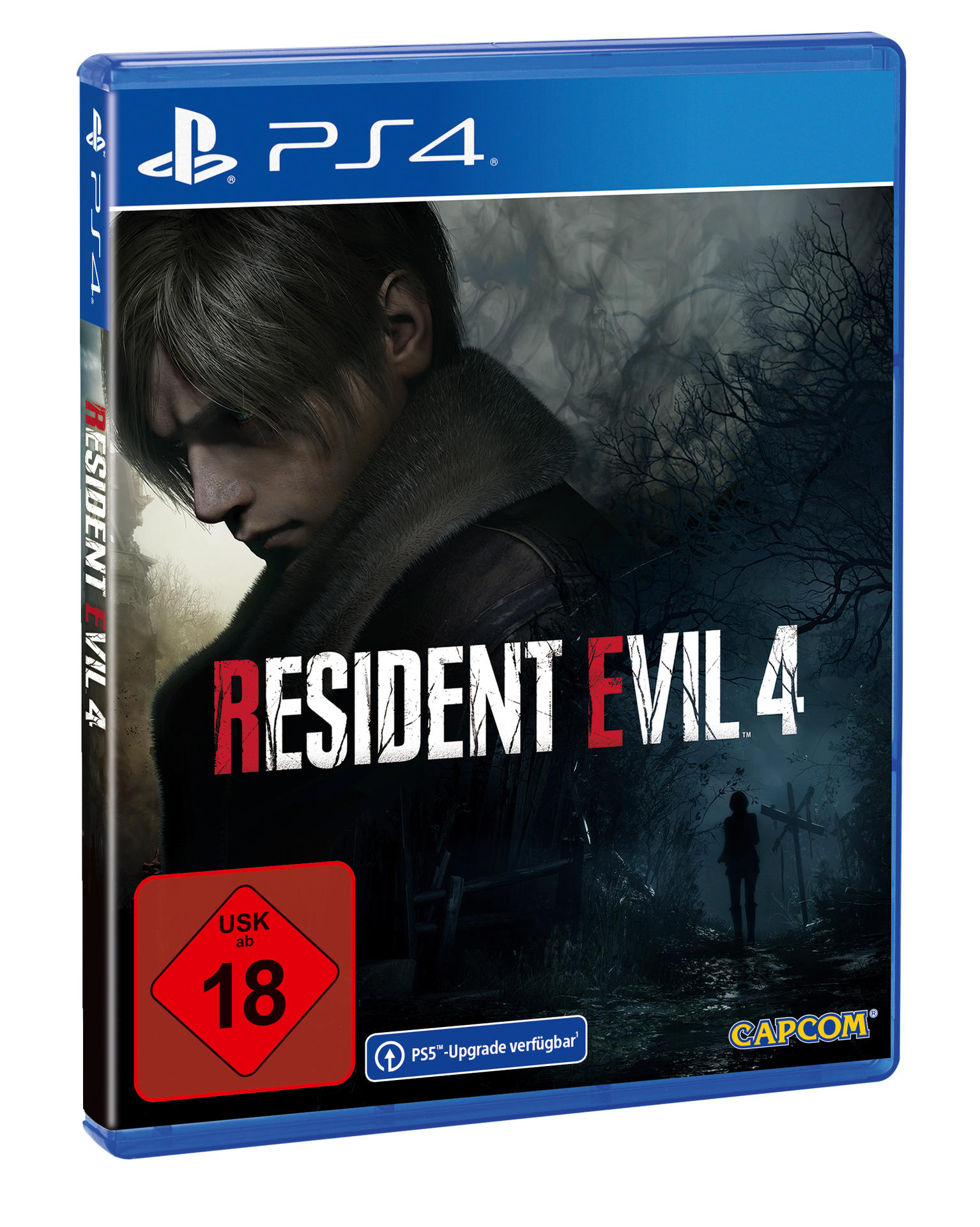 Spielcover für Resident Evil 4 auf PS4. Zeigt einen Mann, Titeltext und einen dunklen, unheimlichen Hintergrund.